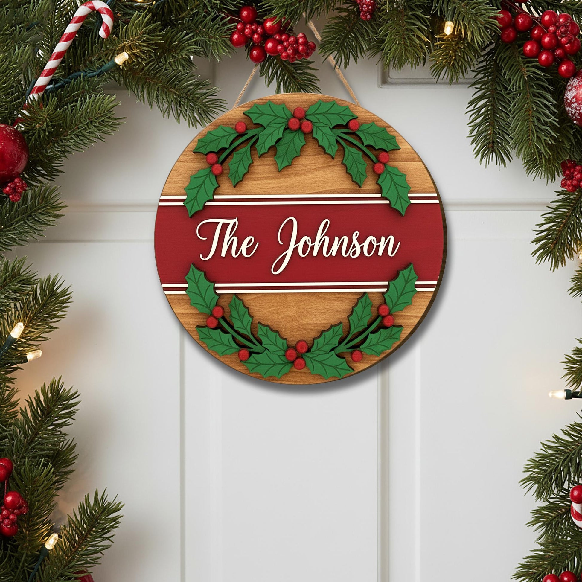 Personalized Family Christmas Holly Tree Wooden Sign – Holiday Door Decor