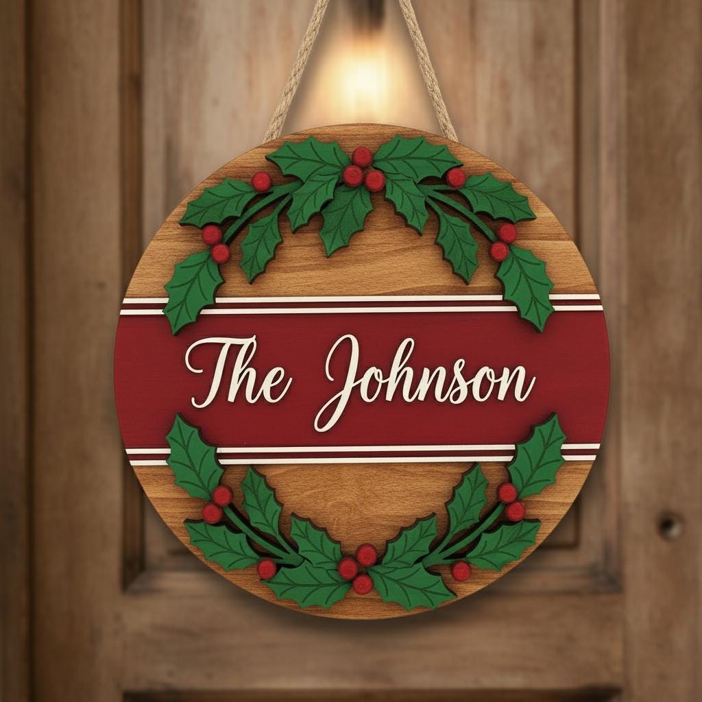Personalized Family Christmas Holly Tree Wooden Sign – Holiday Door Decor