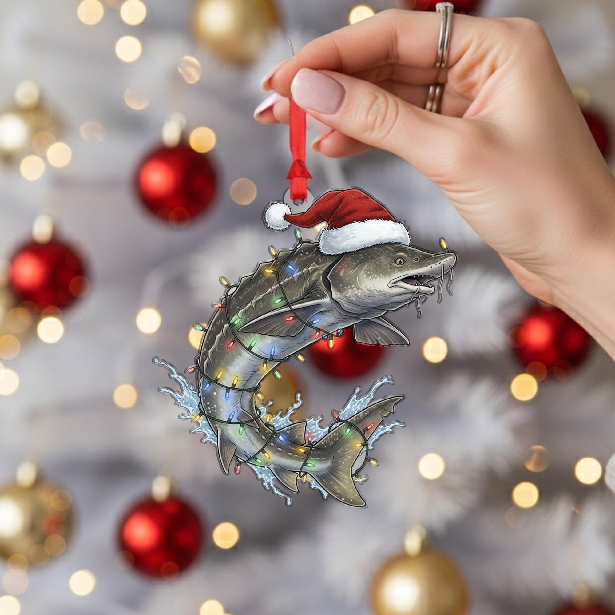 White Sturgeon Christmas Ornament – Santa Hat and Holiday Lights Tree Decoration