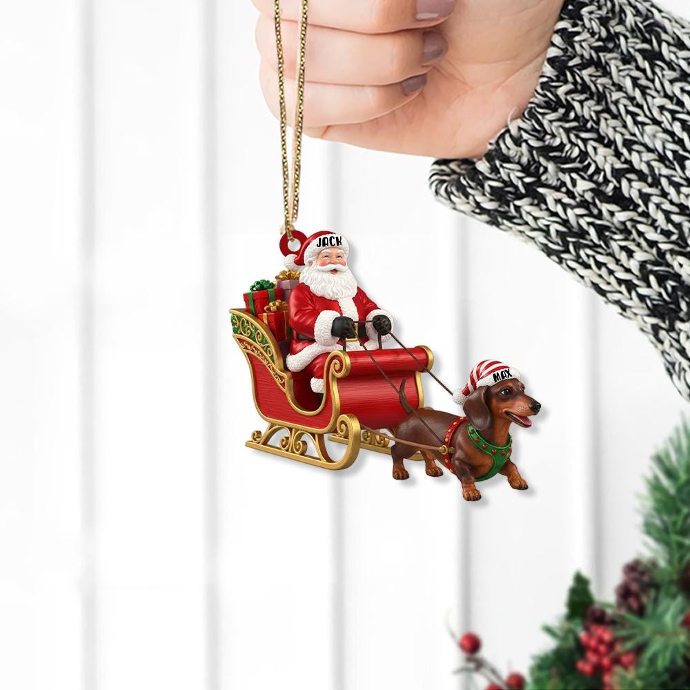 Custom Santa Sleigh Ornament with Dachshund Dog and Personalized Hats