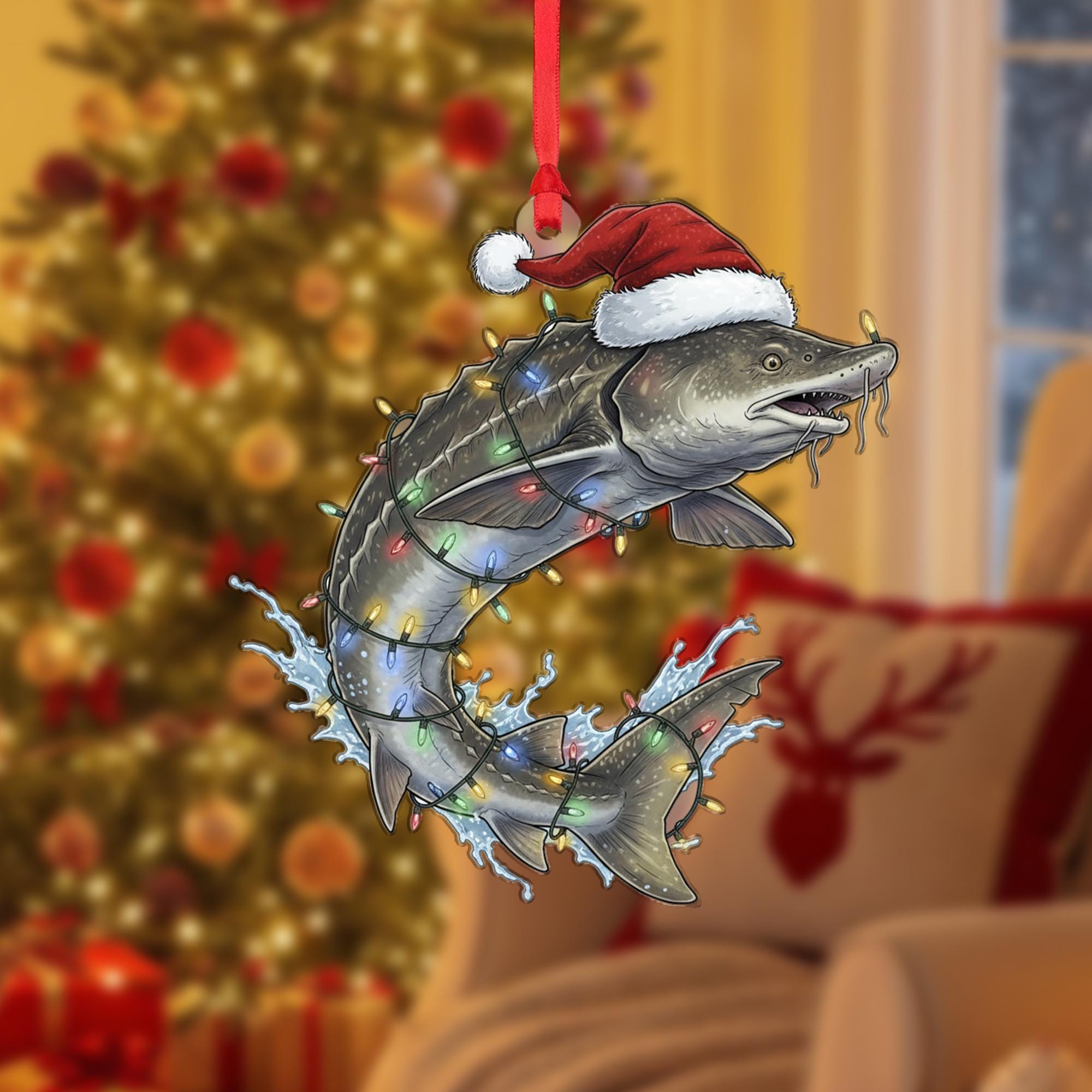 White Sturgeon Christmas Ornament – Santa Hat and Holiday Lights Tree Decoration