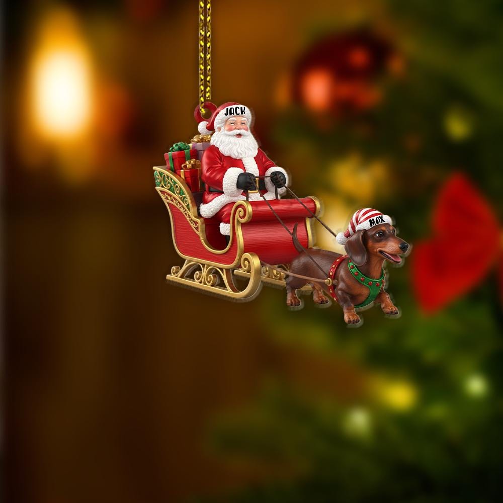 Custom Santa Sleigh Ornament with Dachshund Dog and Personalized Hats