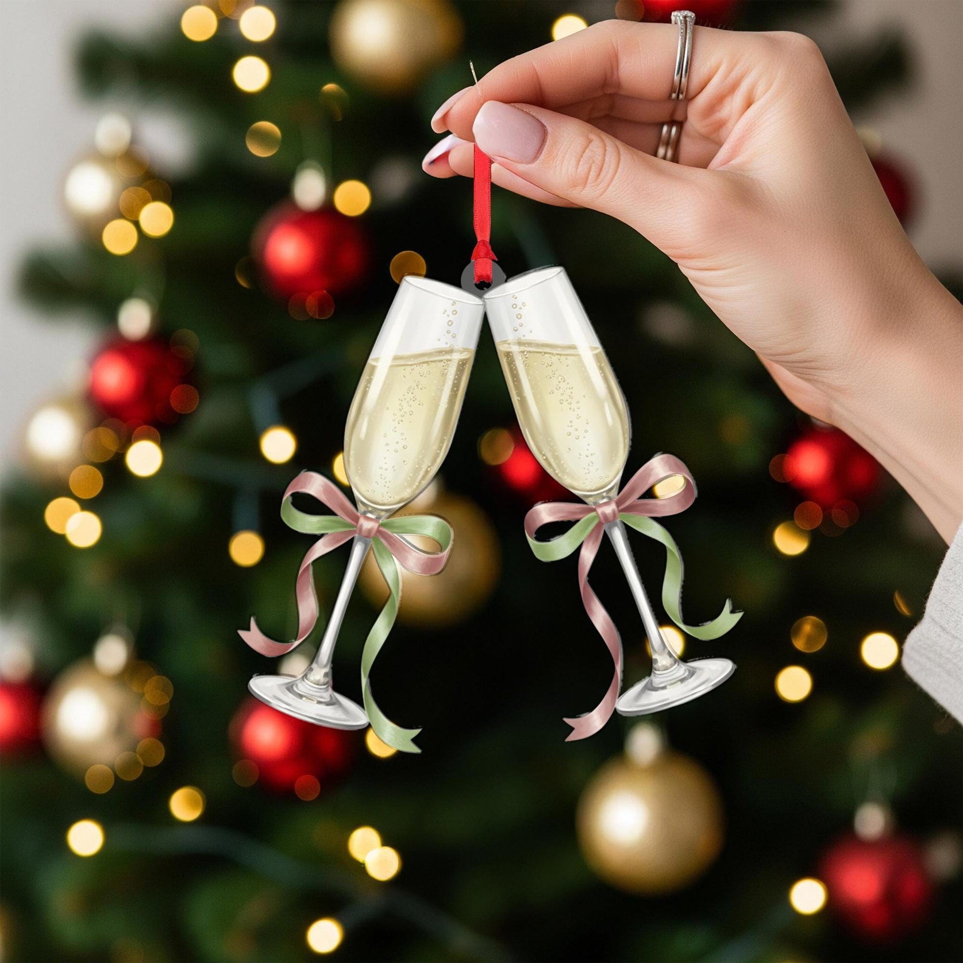 Champagne Glasses Christmas Ornament – Clinking Flutes with Bows Holiday Decoration