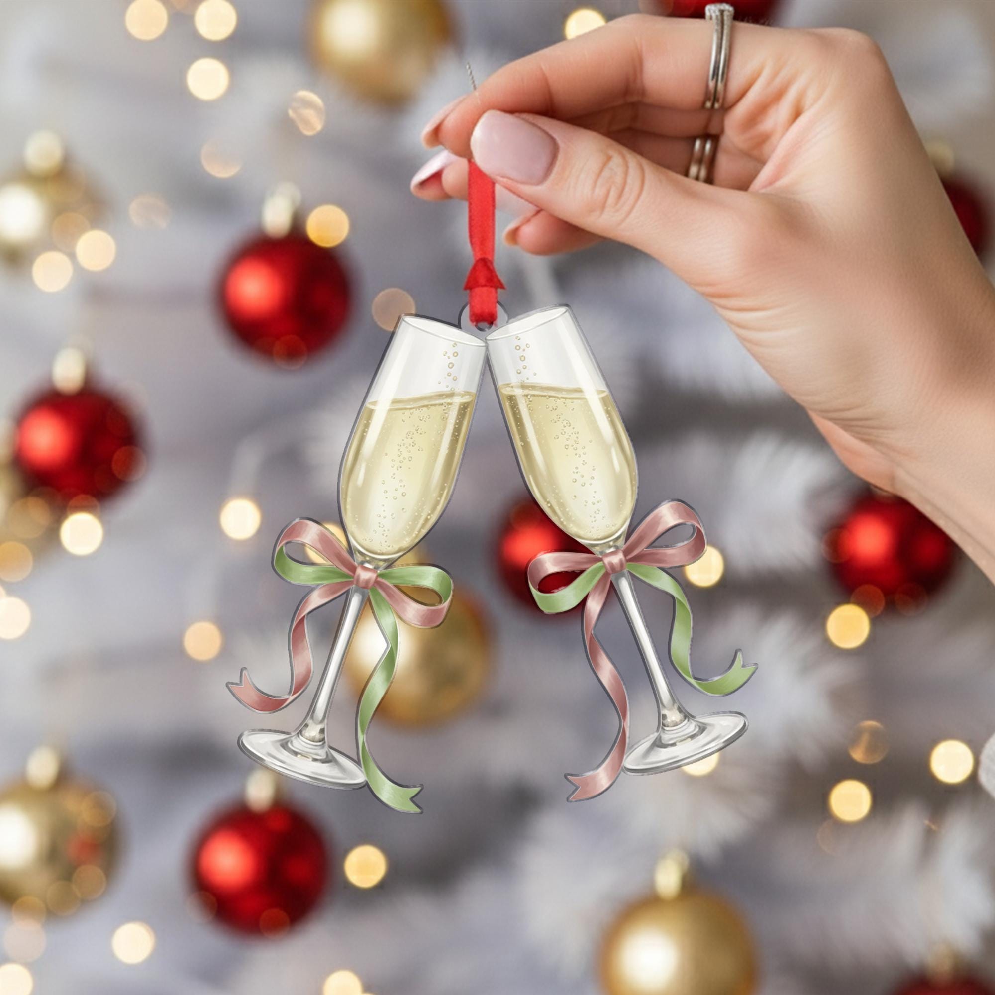 Champagne Glasses Christmas Ornament – Clinking Flutes with Bows Holiday Decoration