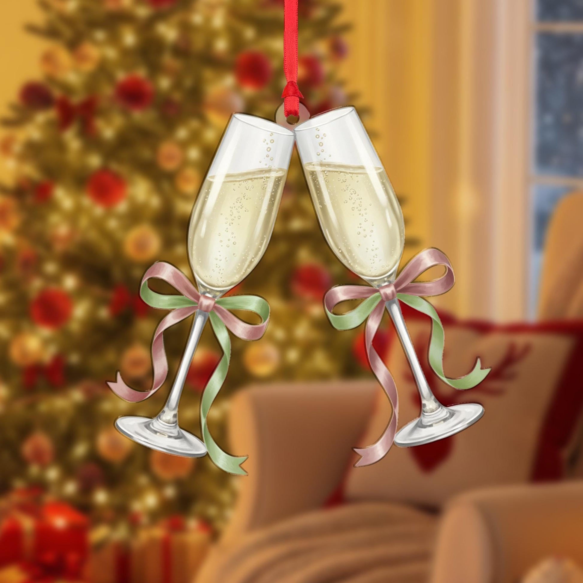 Champagne Glasses Christmas Ornament – Clinking Flutes with Bows Holiday Decoration