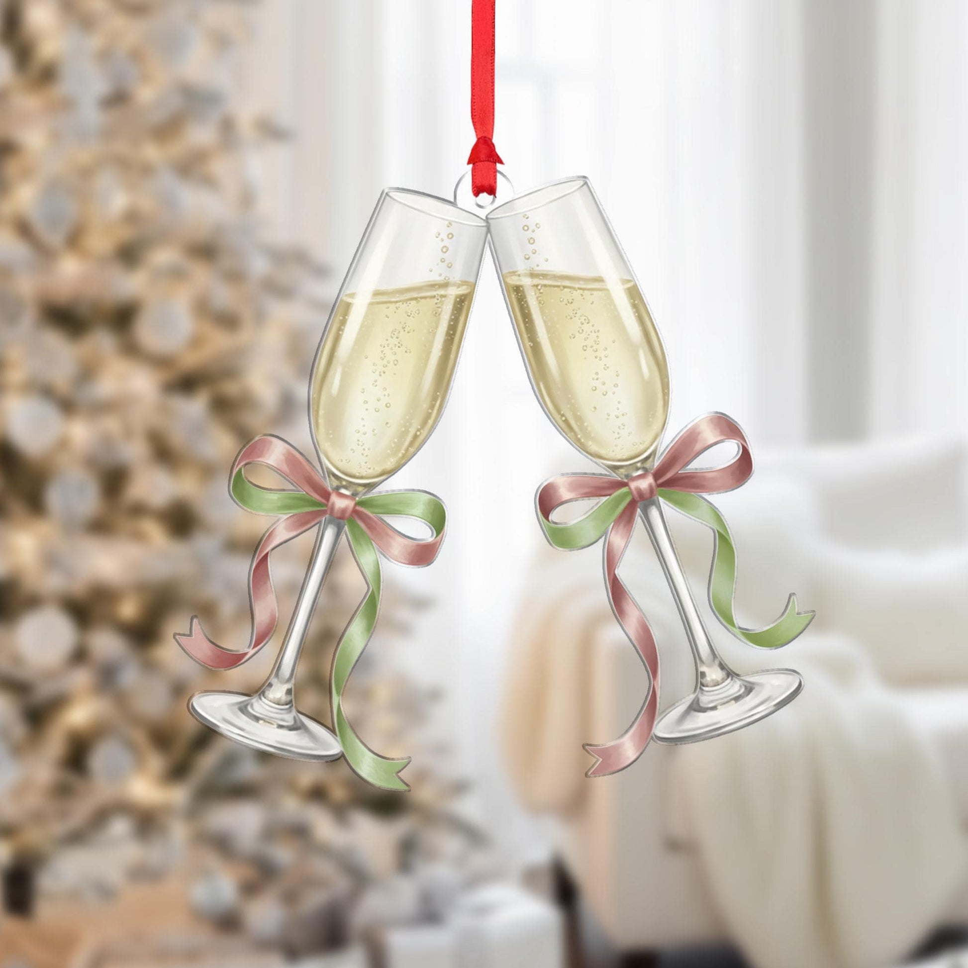 Champagne Glasses Christmas Ornament – Clinking Flutes with Bows Holiday Decoration