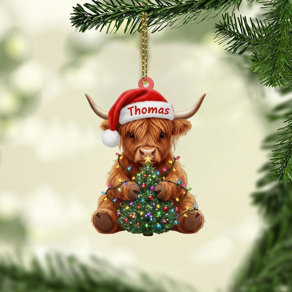 Personalized Highland Cow Christmas Ornament – Custom Name Farm Animal Holiday Decoration