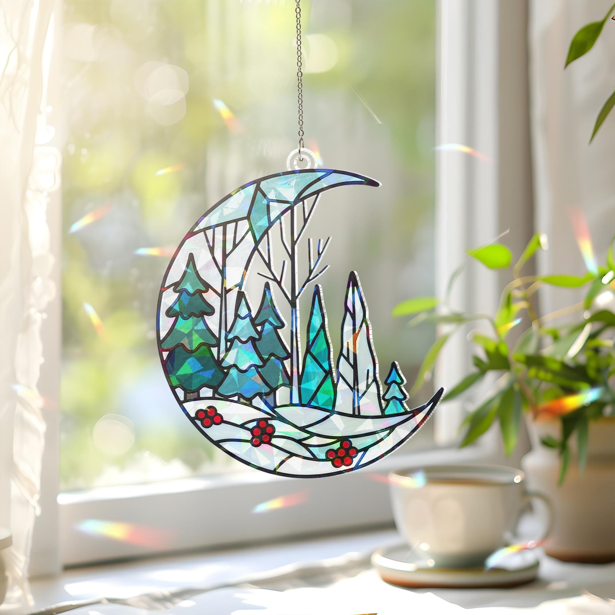 Winter Forest Window Hanging: Woodland Moon Ornament