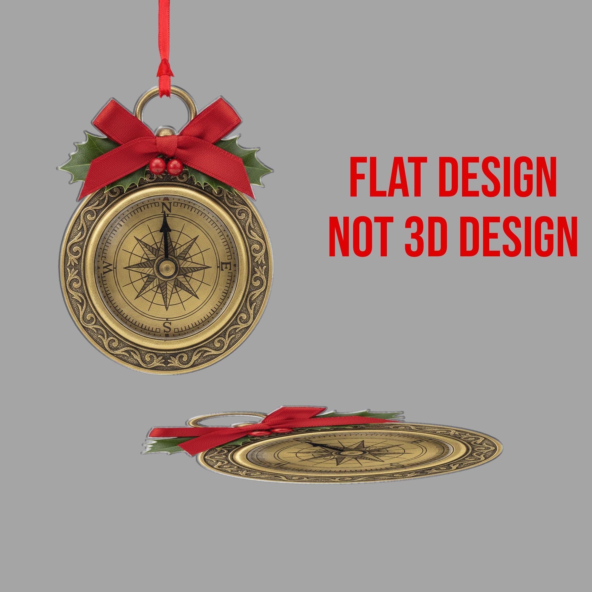 Compass Christmas Ornament – Vintage Style with Holly and Bow Tree Decoration