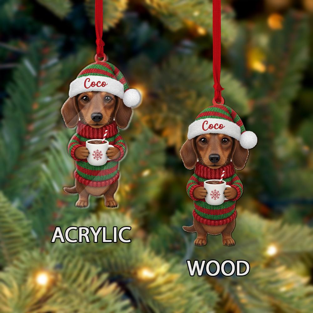 Personalized Dachshund Christmas Ornament – Custom Name Dog Holiday Decoration with Sweater & Santa Hat