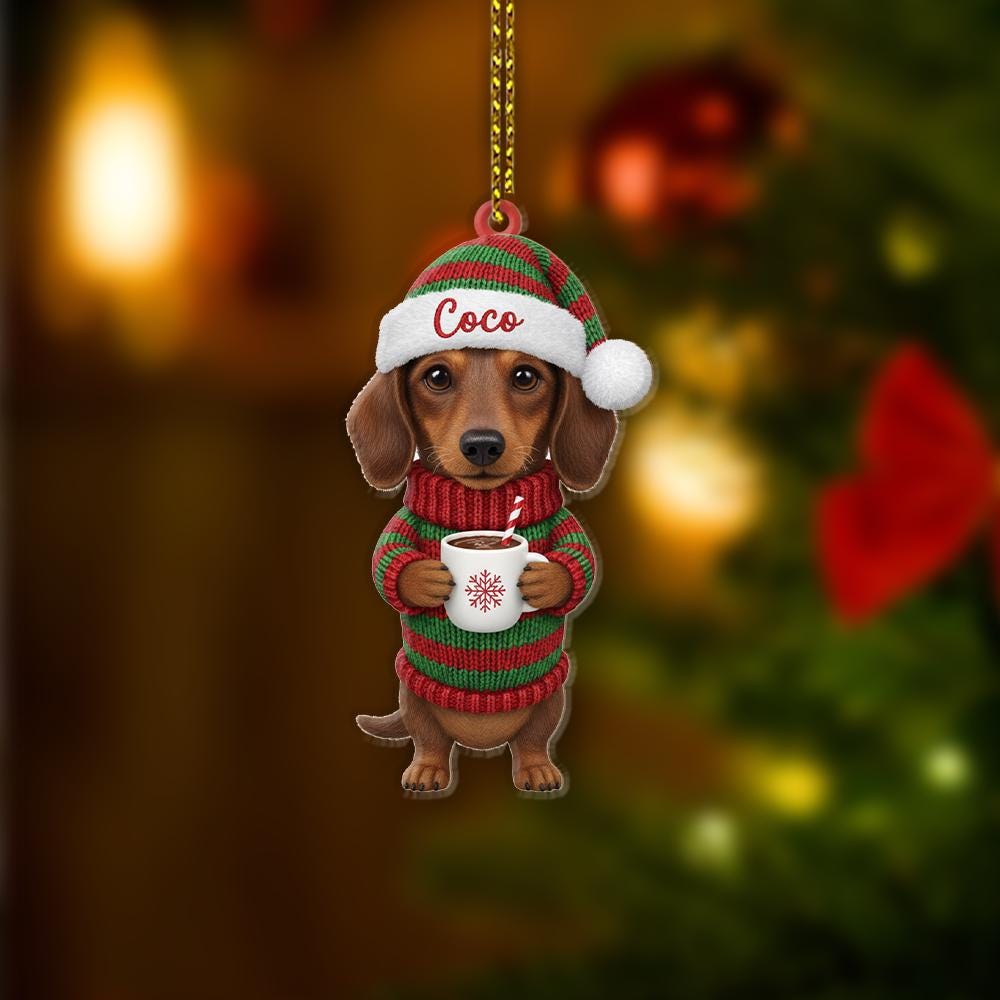 Personalized Dachshund Christmas Ornament – Custom Name Dog Holiday Decoration with Sweater & Santa Hat