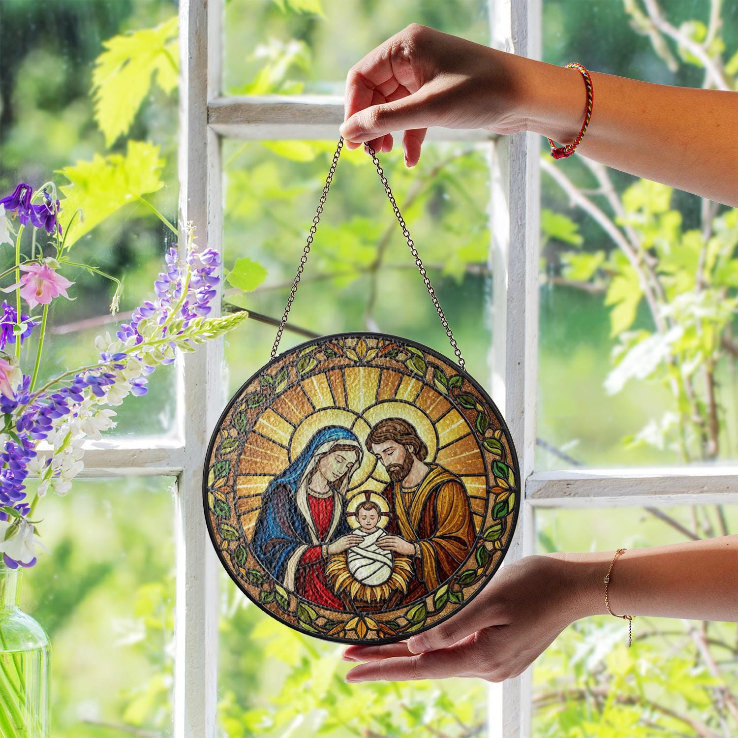 Holy Family Glass Suncatcher – Christian Window Hanging Decoration with Nativity Faux Stained Glass Design