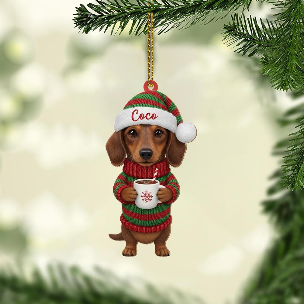 Personalized Dachshund Christmas Ornament – Custom Name Dog Holiday Decoration with Sweater & Santa Hat