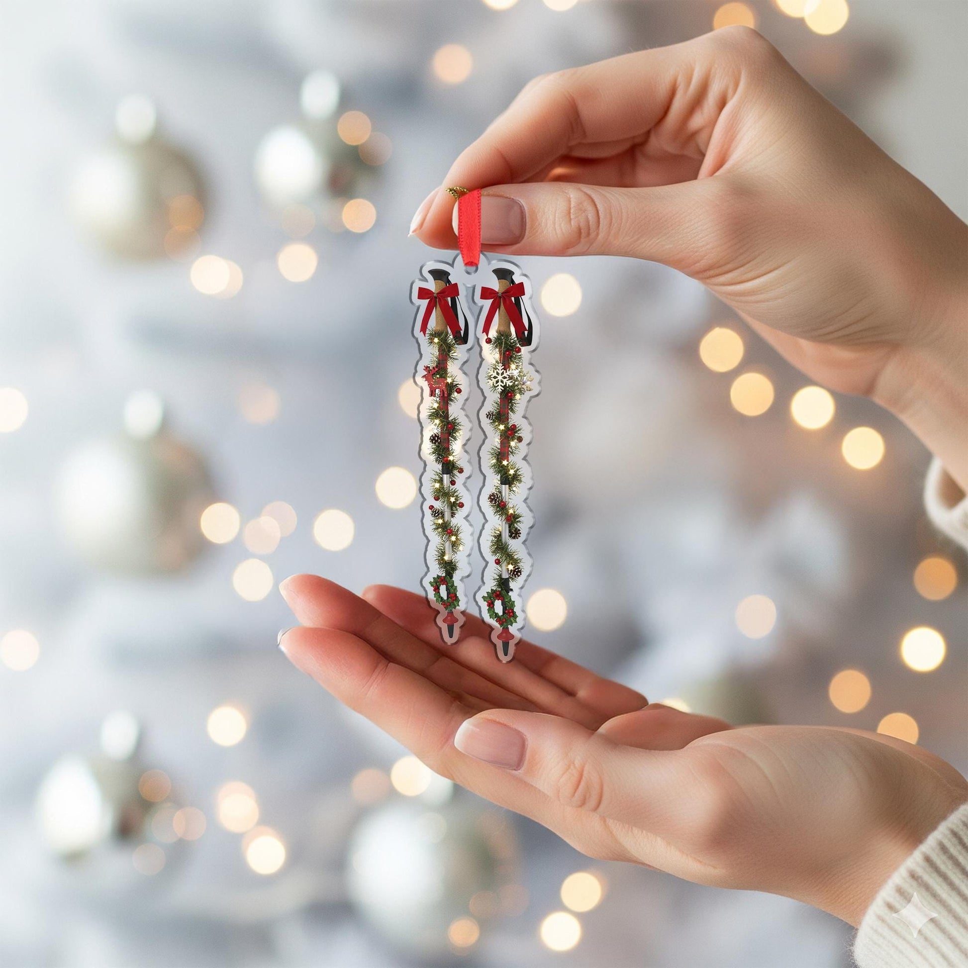 Ski Christmas Ornament – Garland with Bows and Snowflakes Tree Decoration