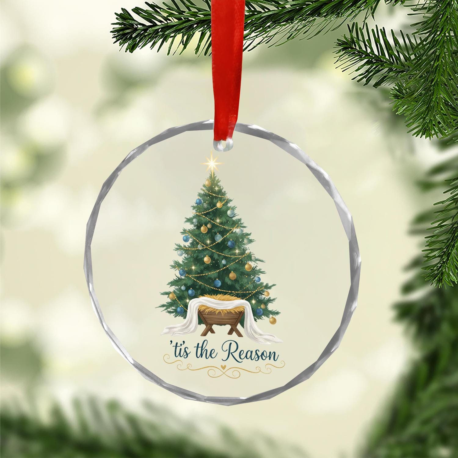 Christian Glass Christmas Ornament – Nativity Manger with Tree ‘Tis the Reason Religious Holiday Decoration