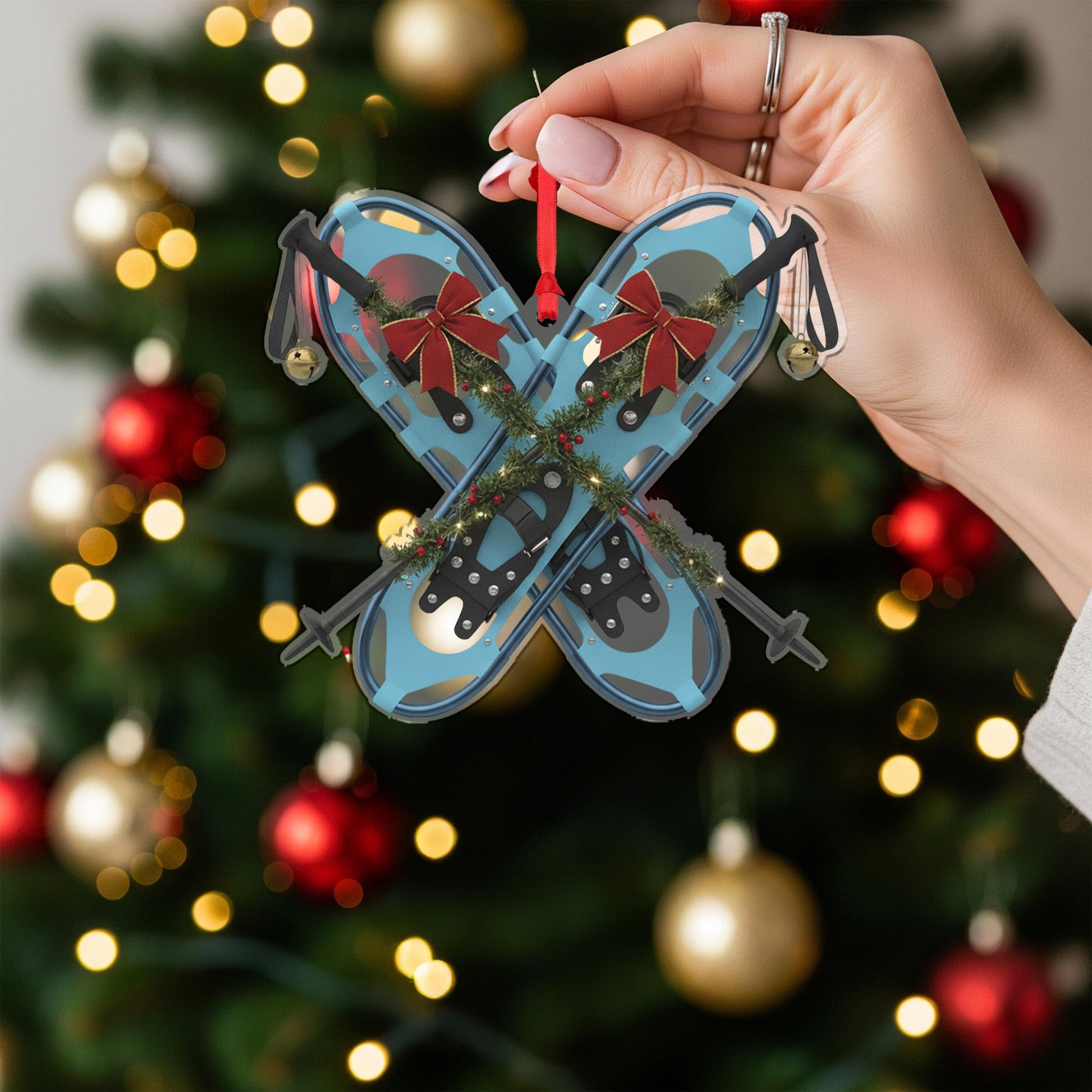 Snowshoe Christmas Ornament – Crossed Snowshoes with Garland and Bows Decoration