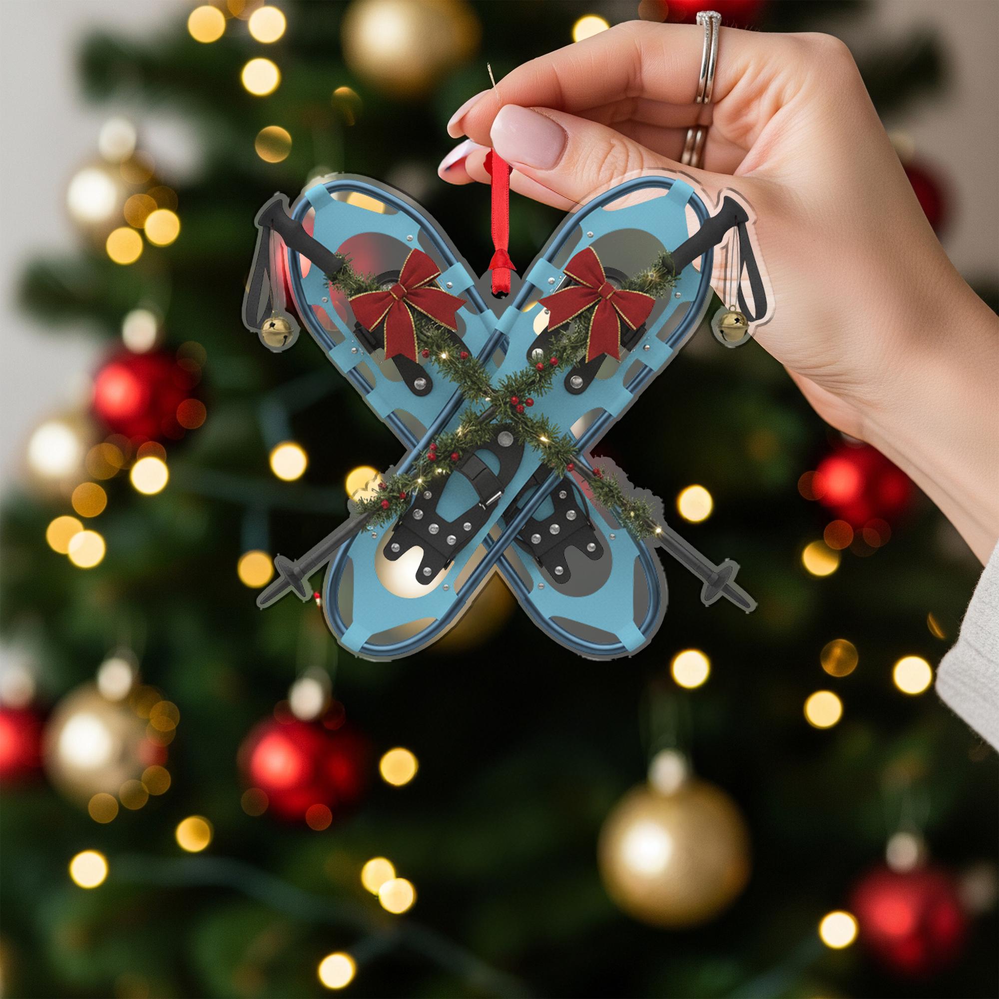 Snowshoe Christmas Ornament – Crossed Snowshoes with Garland and Bows Decoration
