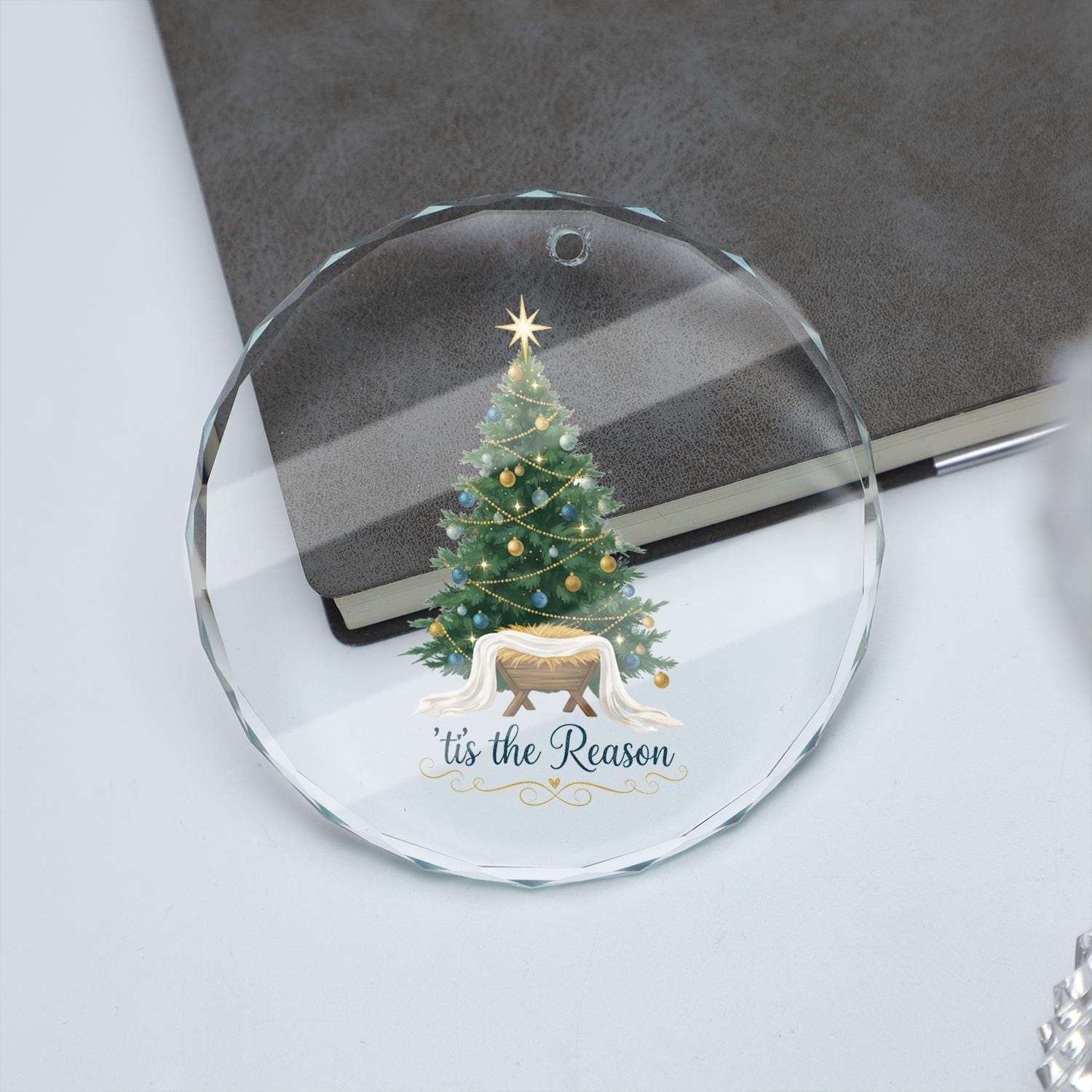 Christian Glass Christmas Ornament – Nativity Manger with Tree ‘Tis the Reason Religious Holiday Decoration