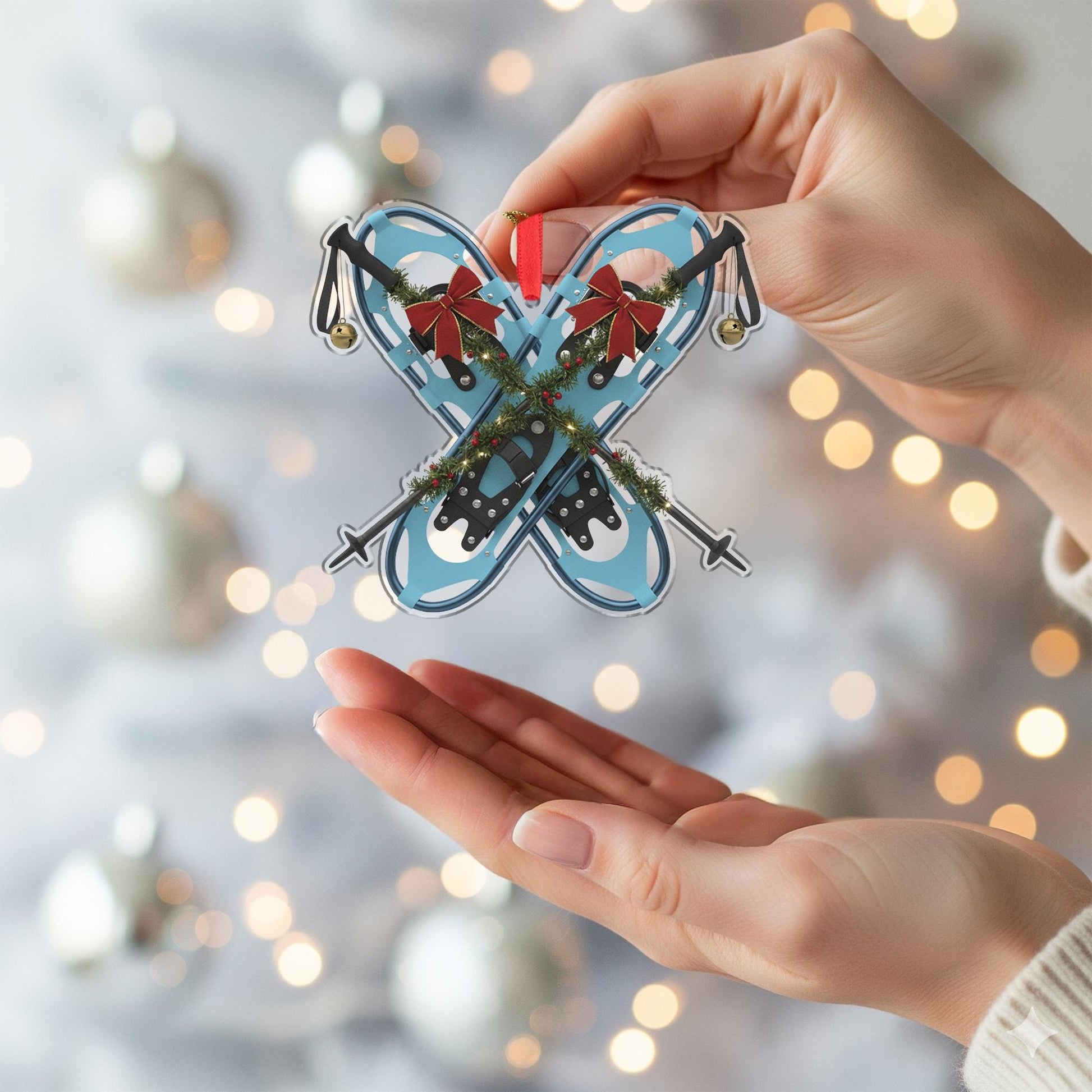 Snowshoe Christmas Ornament – Crossed Snowshoes with Garland and Bows Decoration