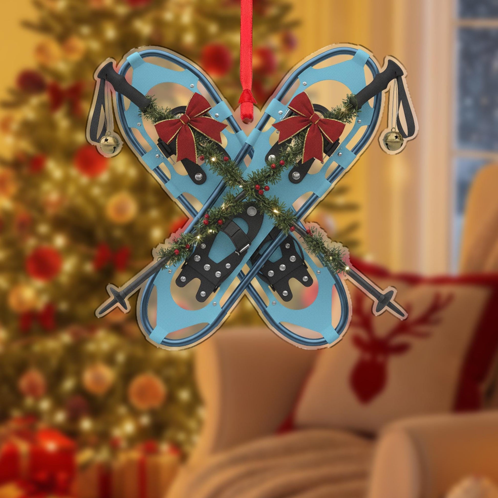 Snowshoe Christmas Ornament – Crossed Snowshoes with Garland and Bows Decoration