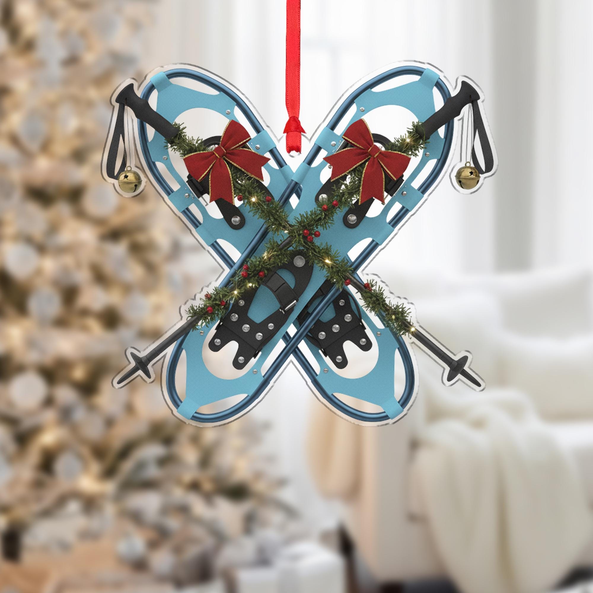 Snowshoe Christmas Ornament – Crossed Snowshoes with Garland and Bows Decoration