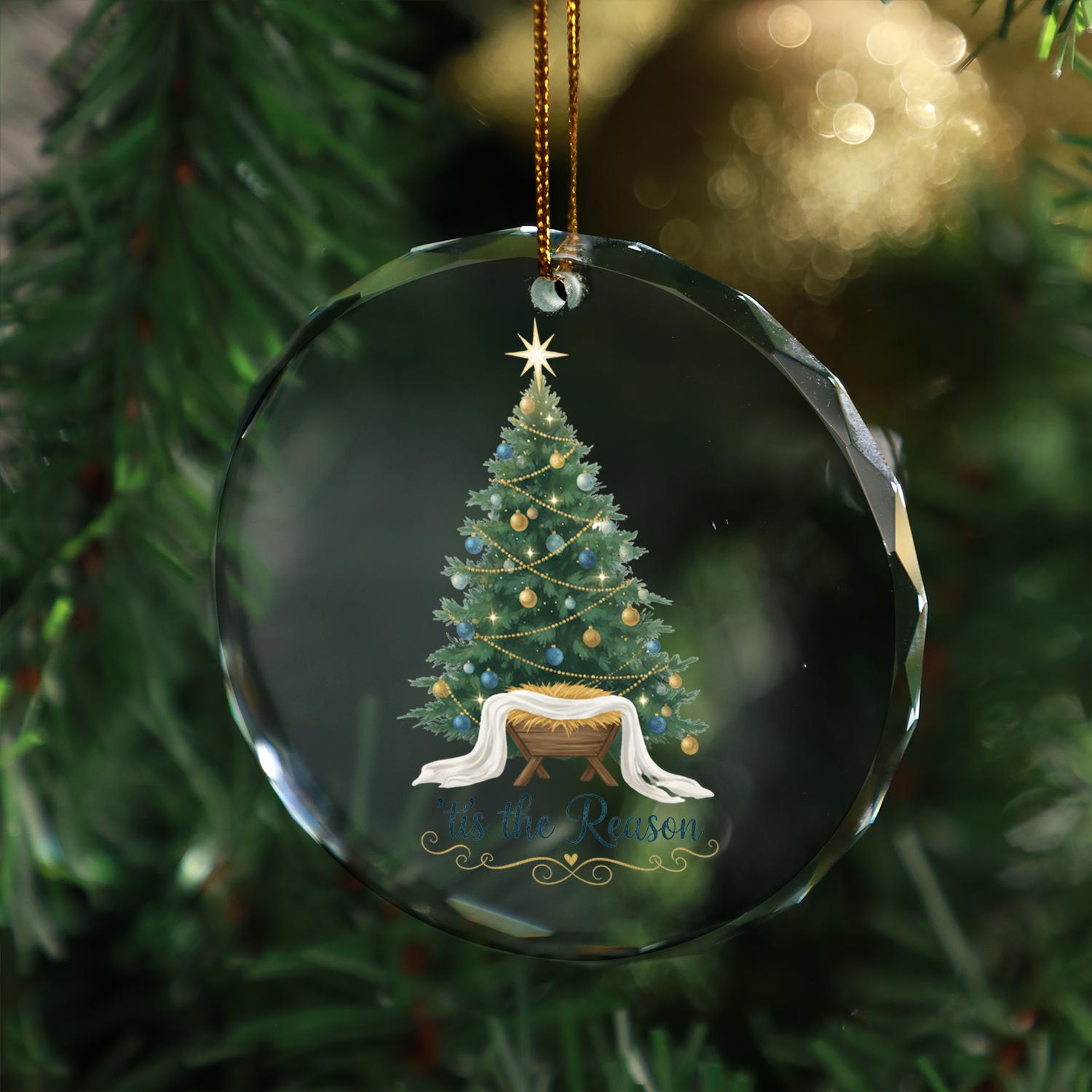 Christian Glass Christmas Ornament – Nativity Manger with Tree ‘Tis the Reason Religious Holiday Decoration