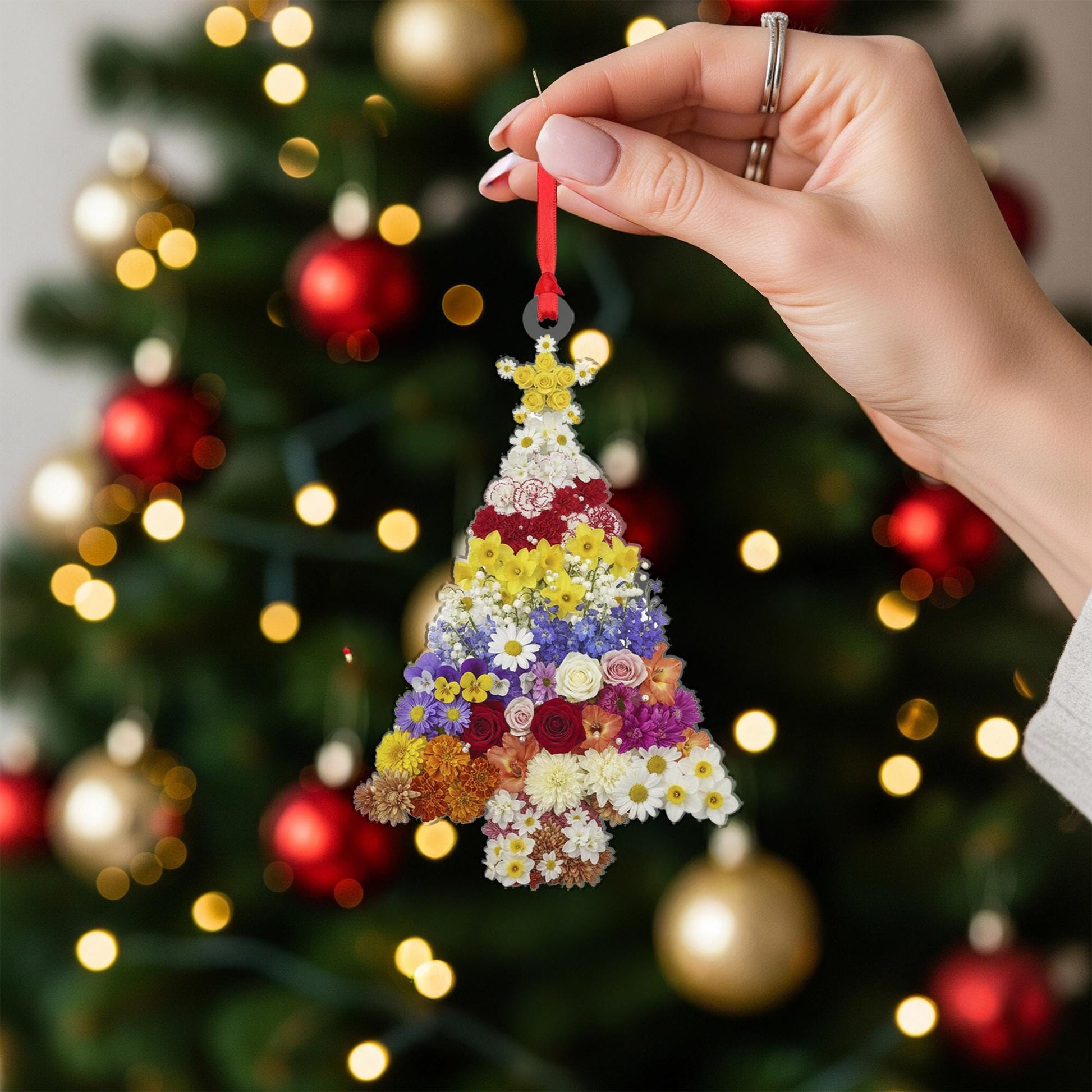 Flower Christmas Tree Ornament – Pressed Floral Holiday Decoration with Star Topper