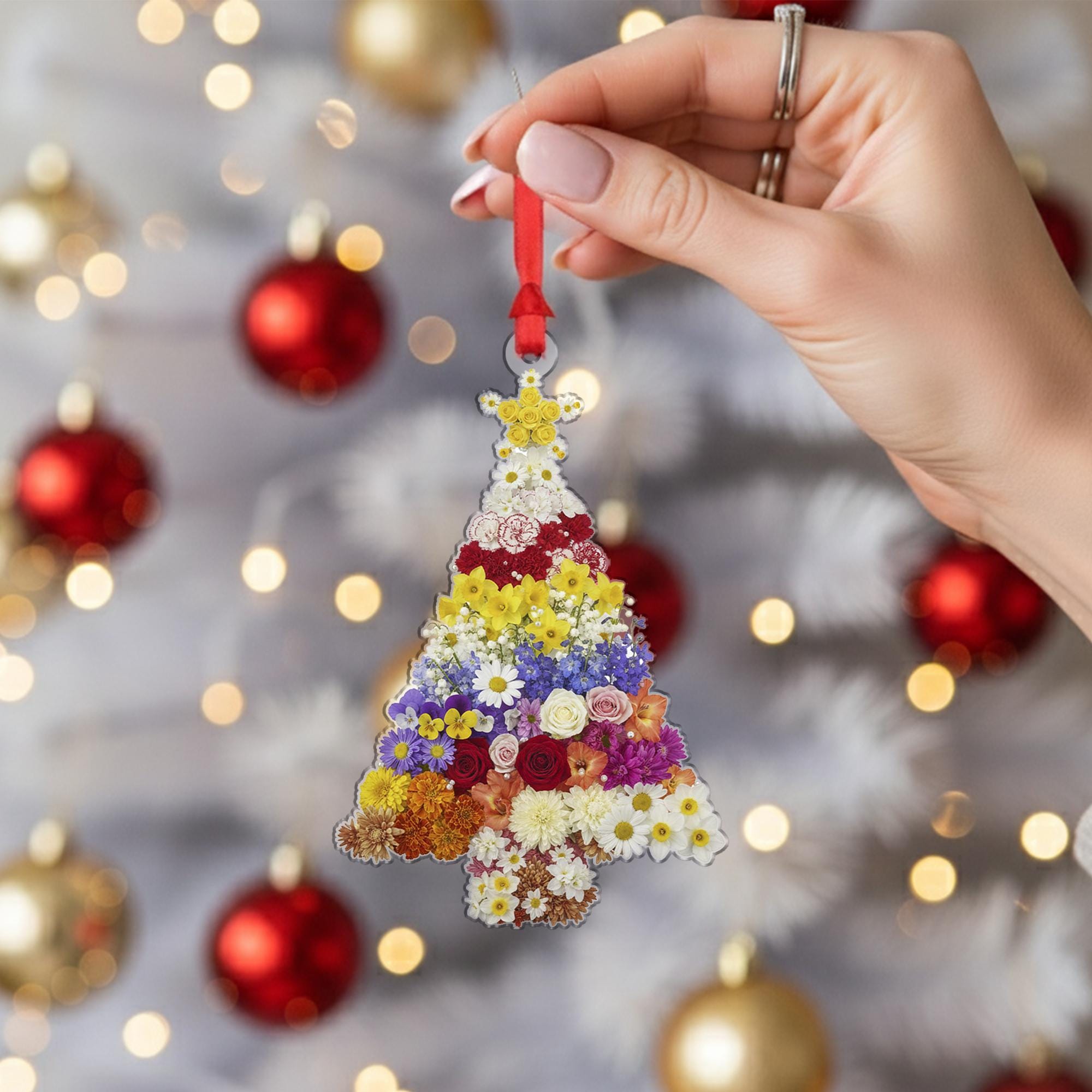 Flower Christmas Tree Ornament – Pressed Floral Holiday Decoration with Star Topper