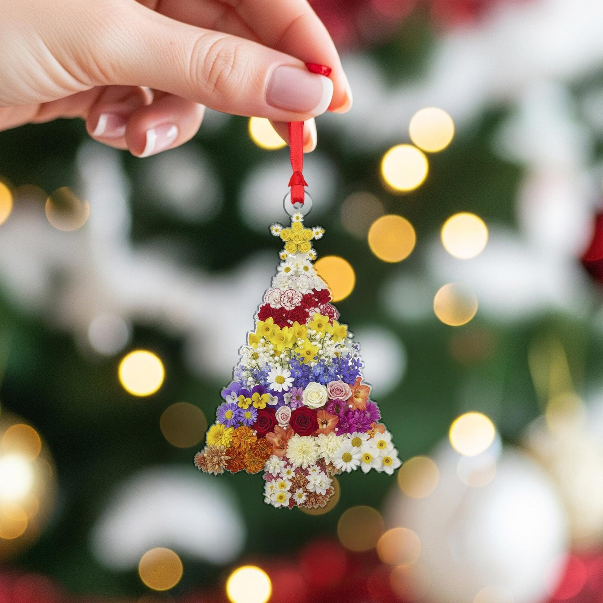 Flower Christmas Tree Ornament – Pressed Floral Holiday Decoration with Star Topper