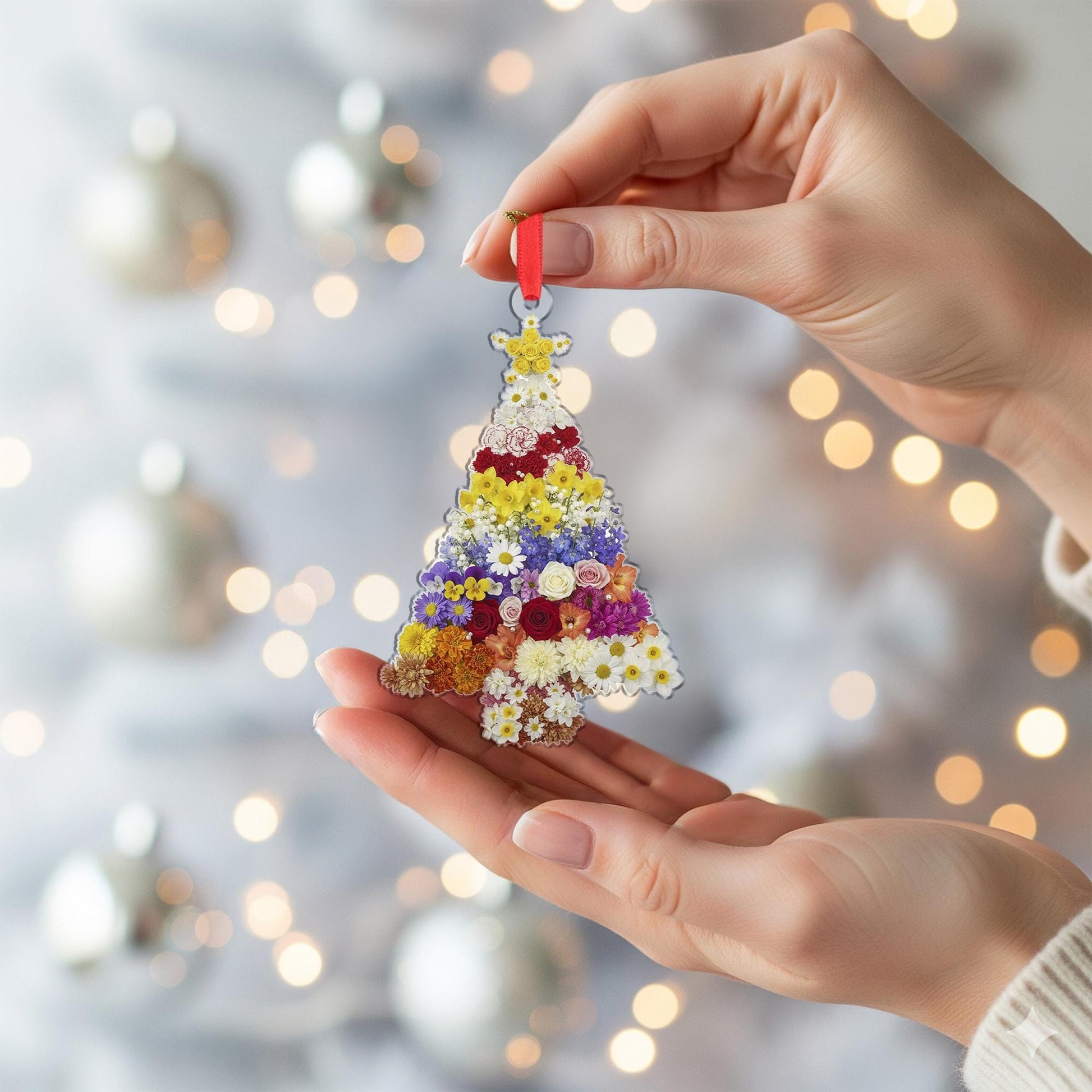 Flower Christmas Tree Ornament – Pressed Floral Holiday Decoration with Star Topper