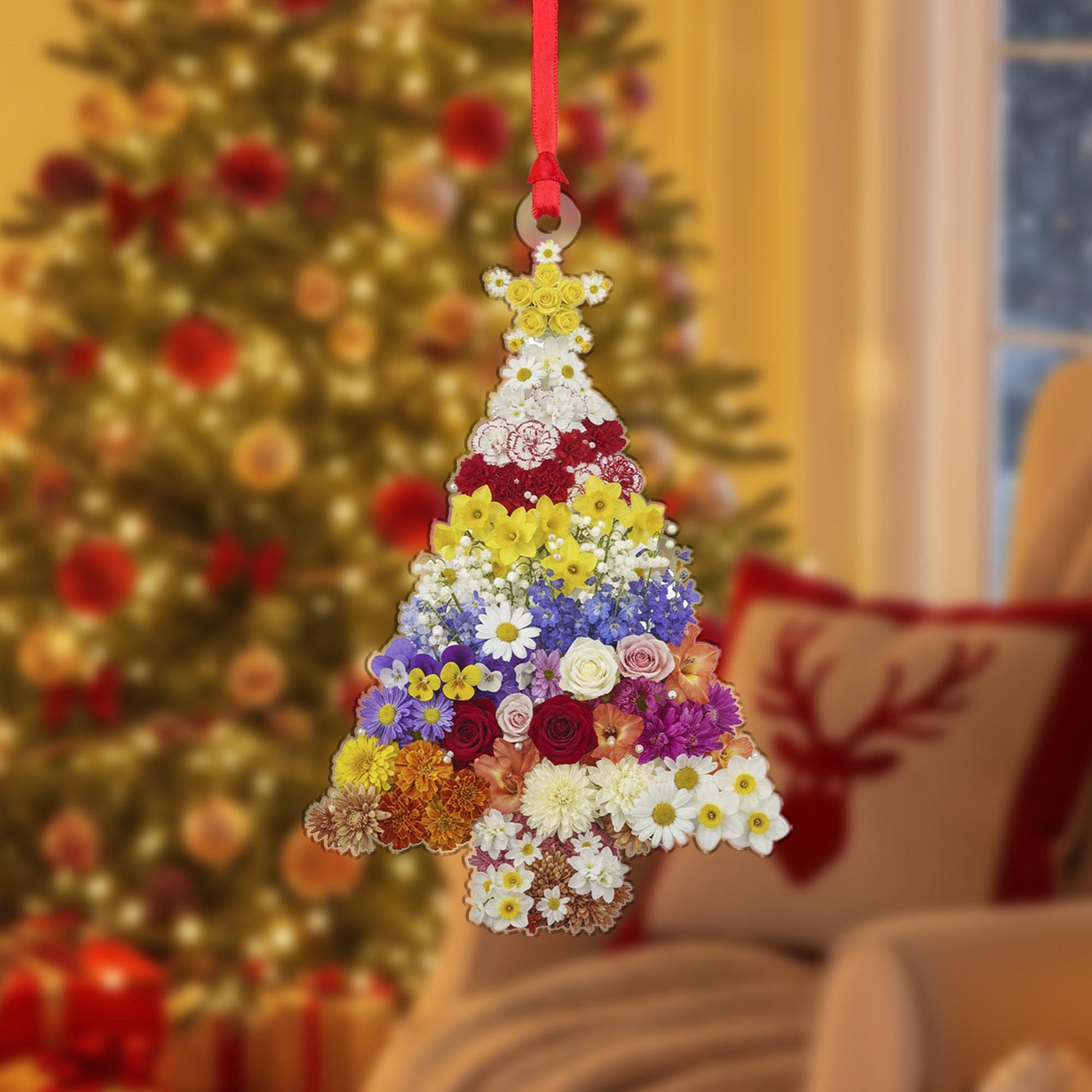 Flower Christmas Tree Ornament – Pressed Floral Holiday Decoration with Star Topper