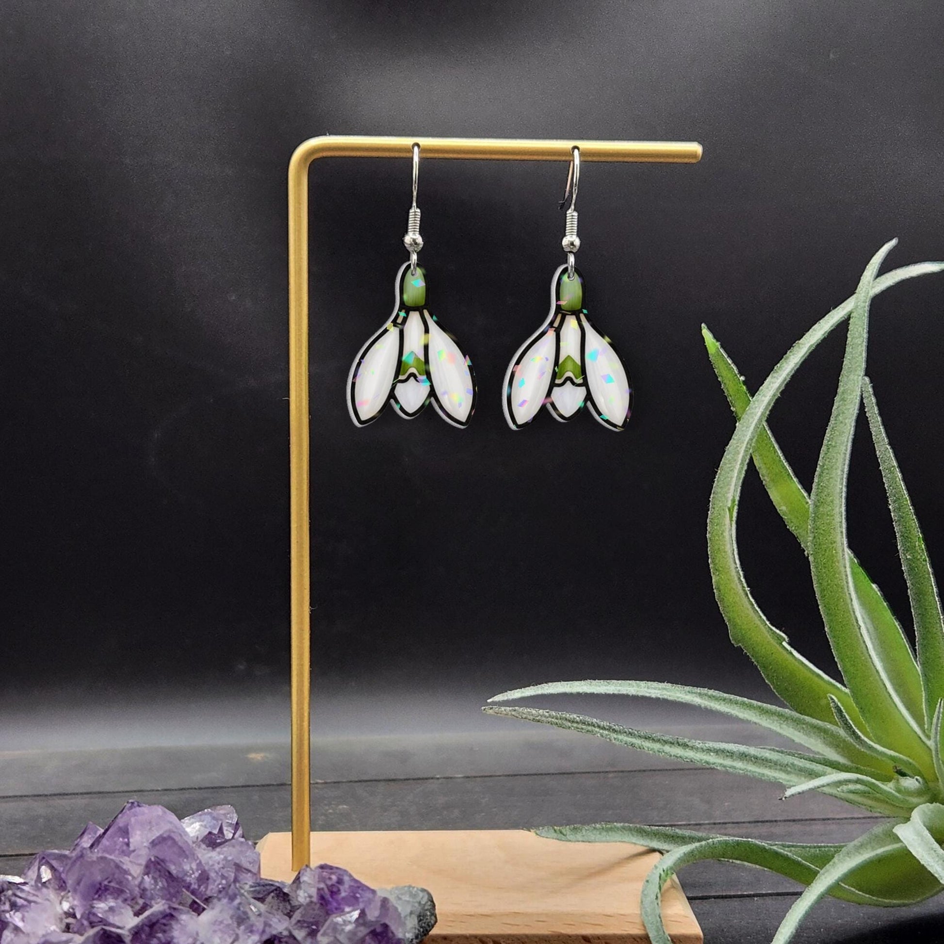 Snowdrop Earrings – Floral Dangle Jewelry with White and Green Petals