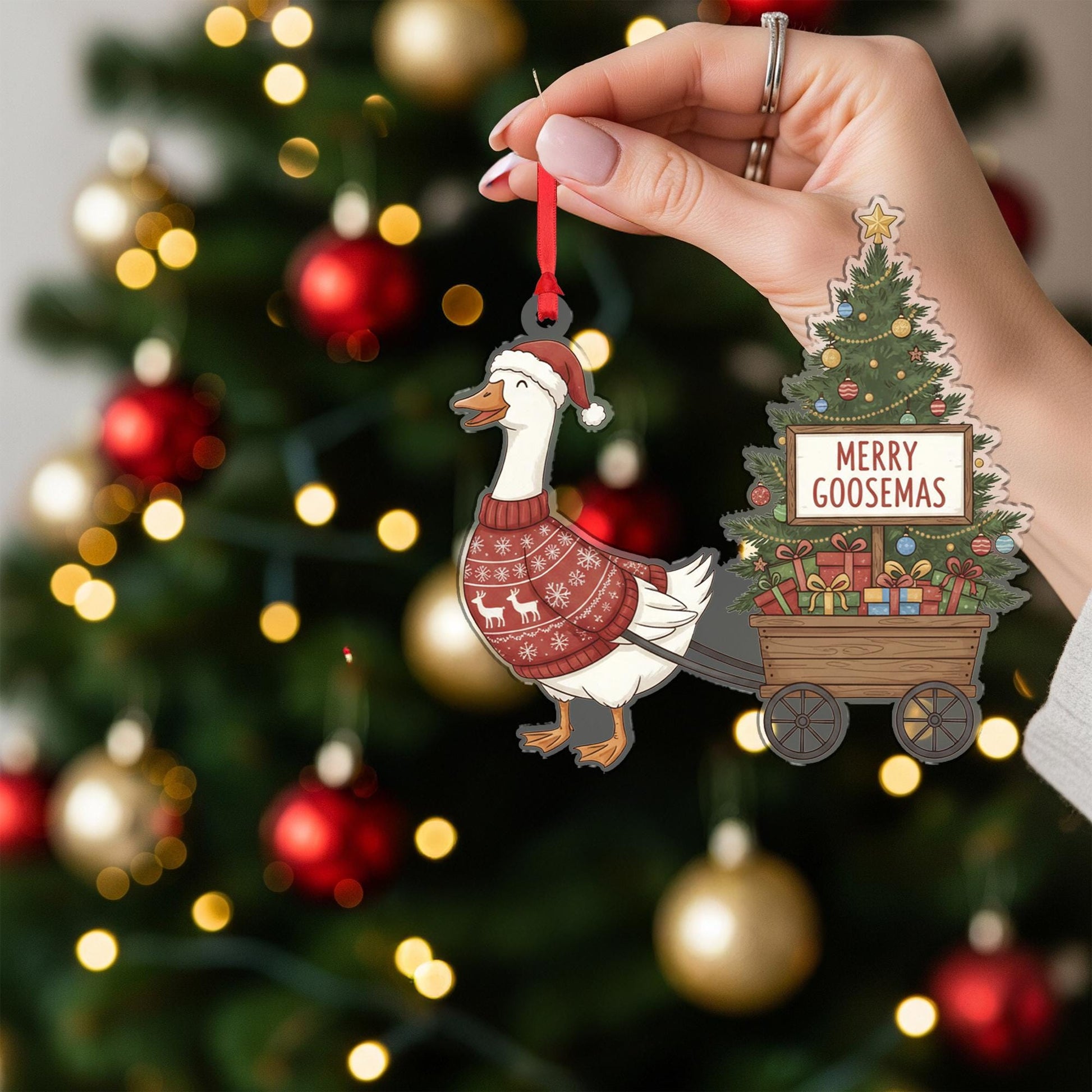 Goose Christmas Ornament – Holiday Tree Decoration with Sweater and Wagon