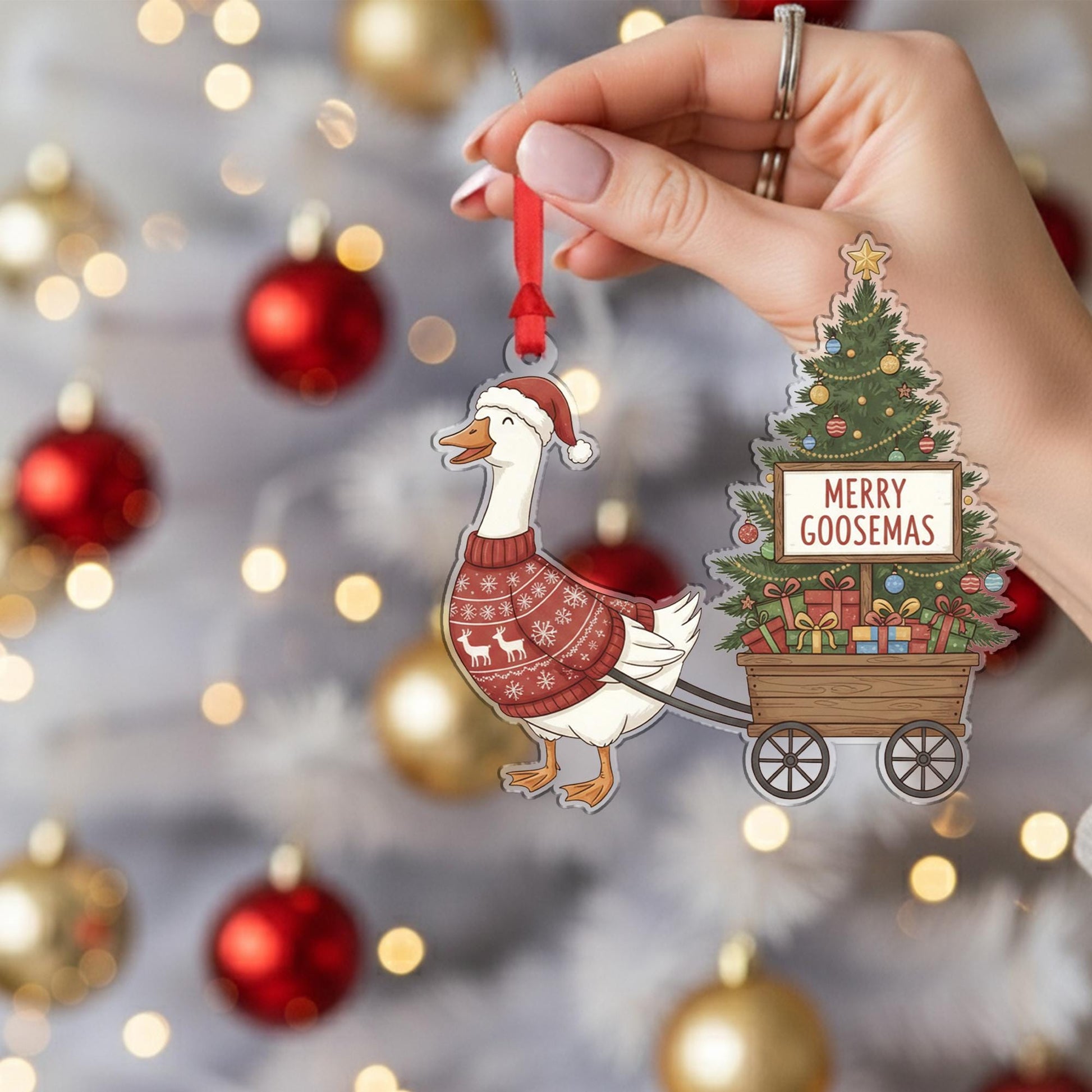 Goose Christmas Ornament – Holiday Tree Decoration with Sweater and Wagon