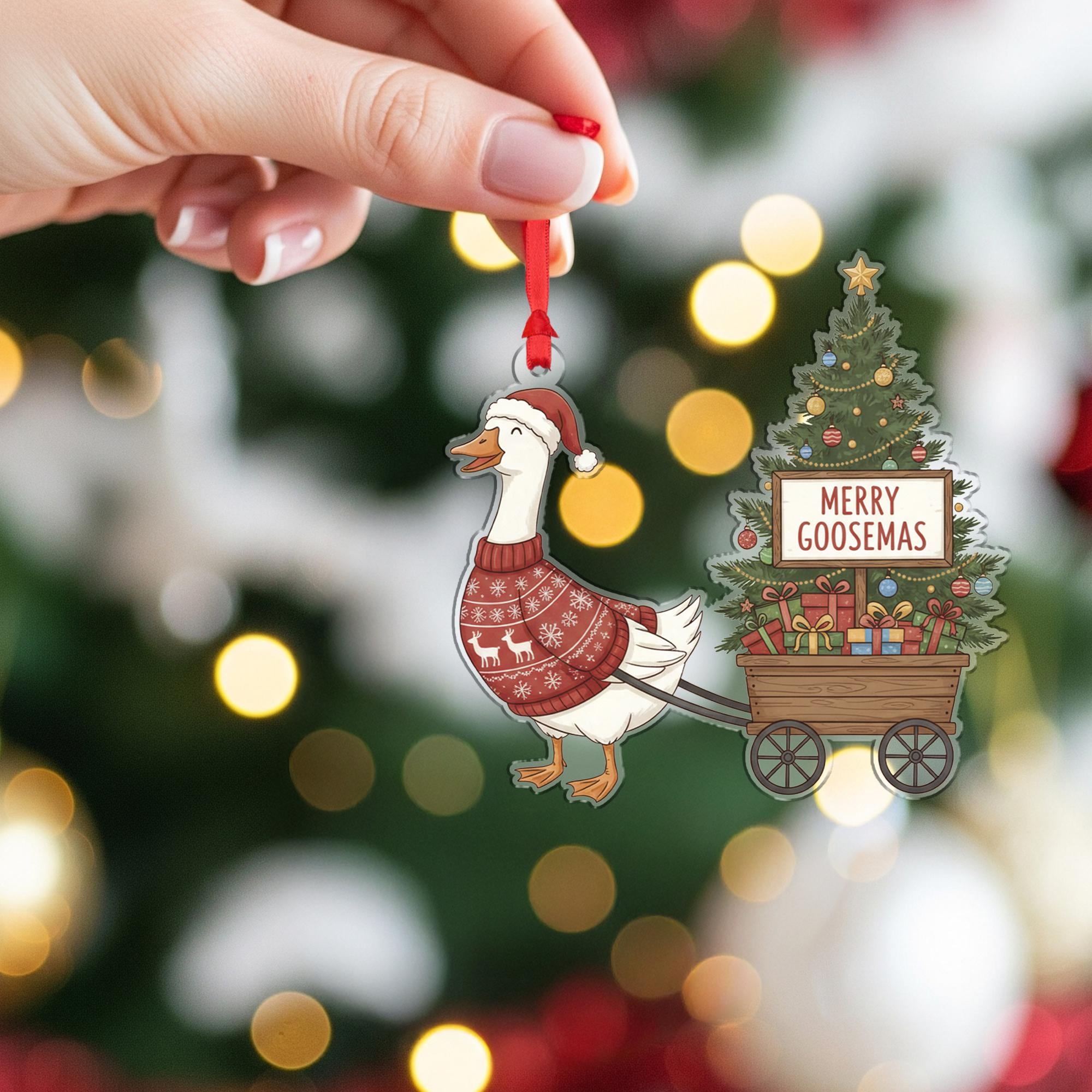 Goose Christmas Ornament – Holiday Tree Decoration with Sweater and Wagon