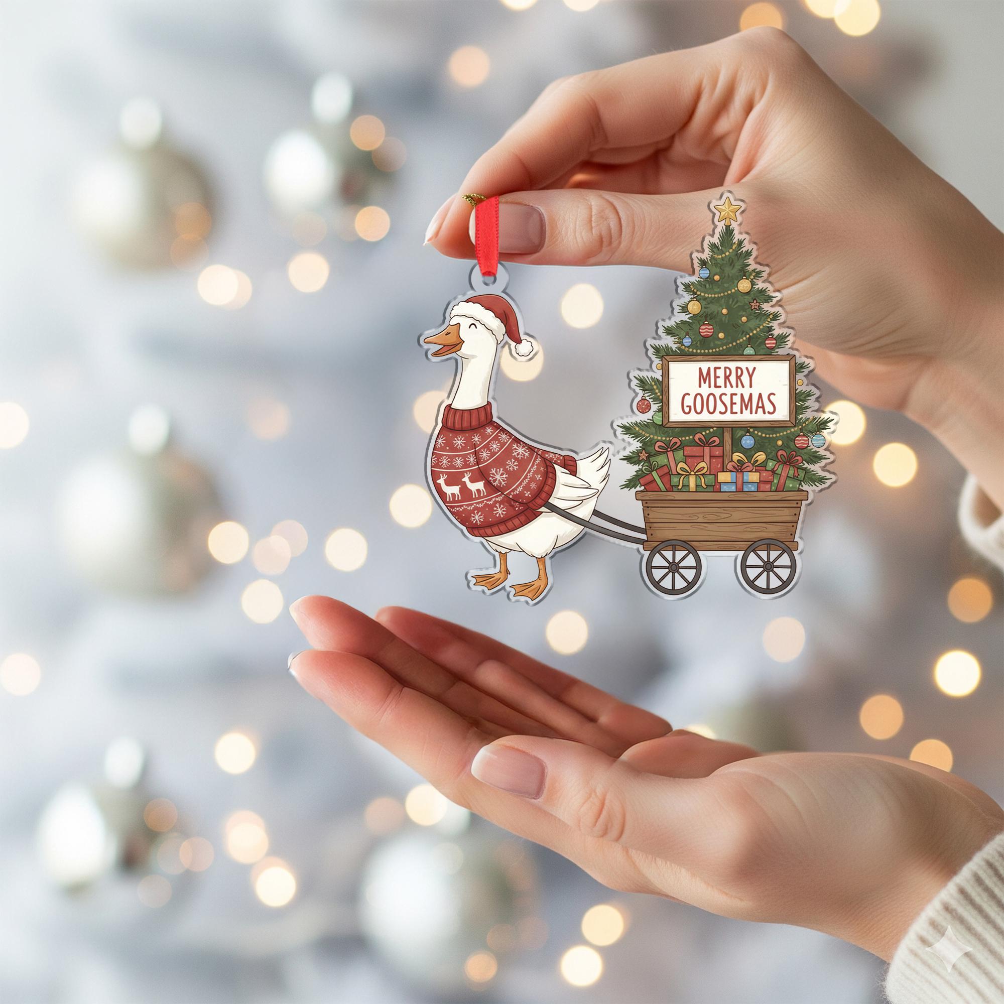 Goose Christmas Ornament – Holiday Tree Decoration with Sweater and Wagon