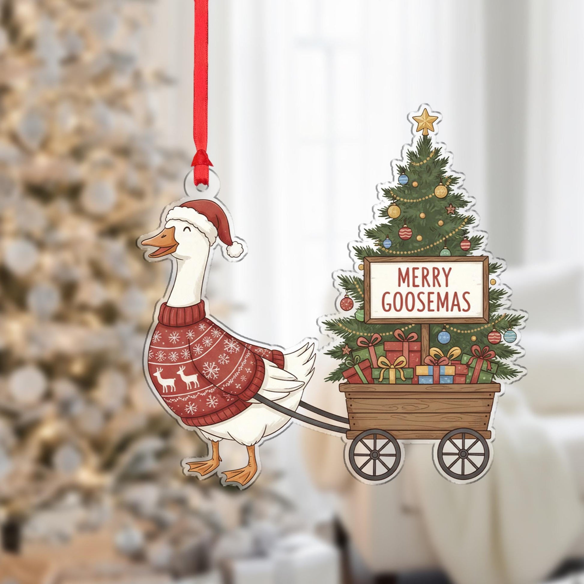 Goose Christmas Ornament – Holiday Tree Decoration with Sweater and Wagon