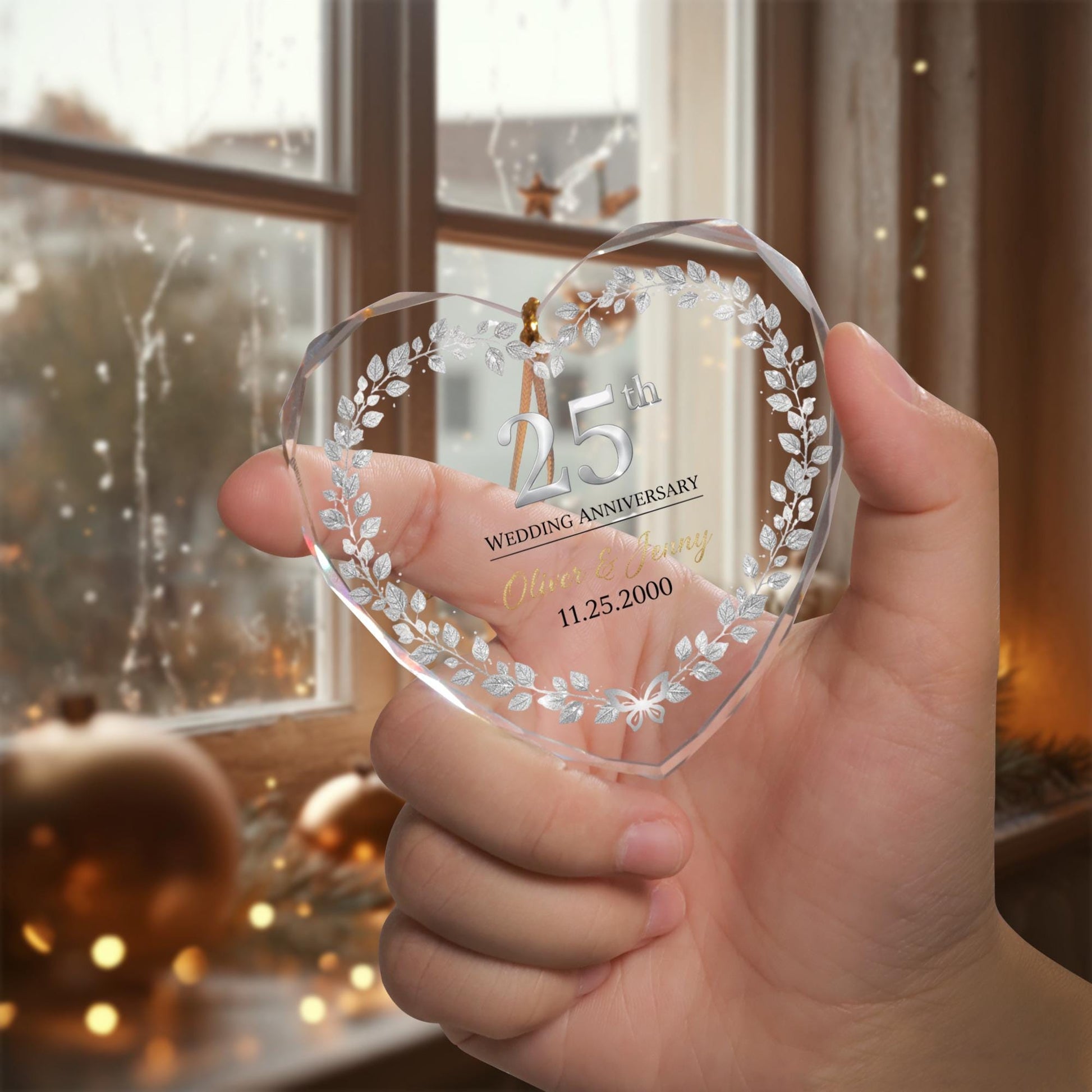 Personalized Glass Ornament – Heart Shaped 25th Wedding Anniversary Decoration with Custom Names and Date