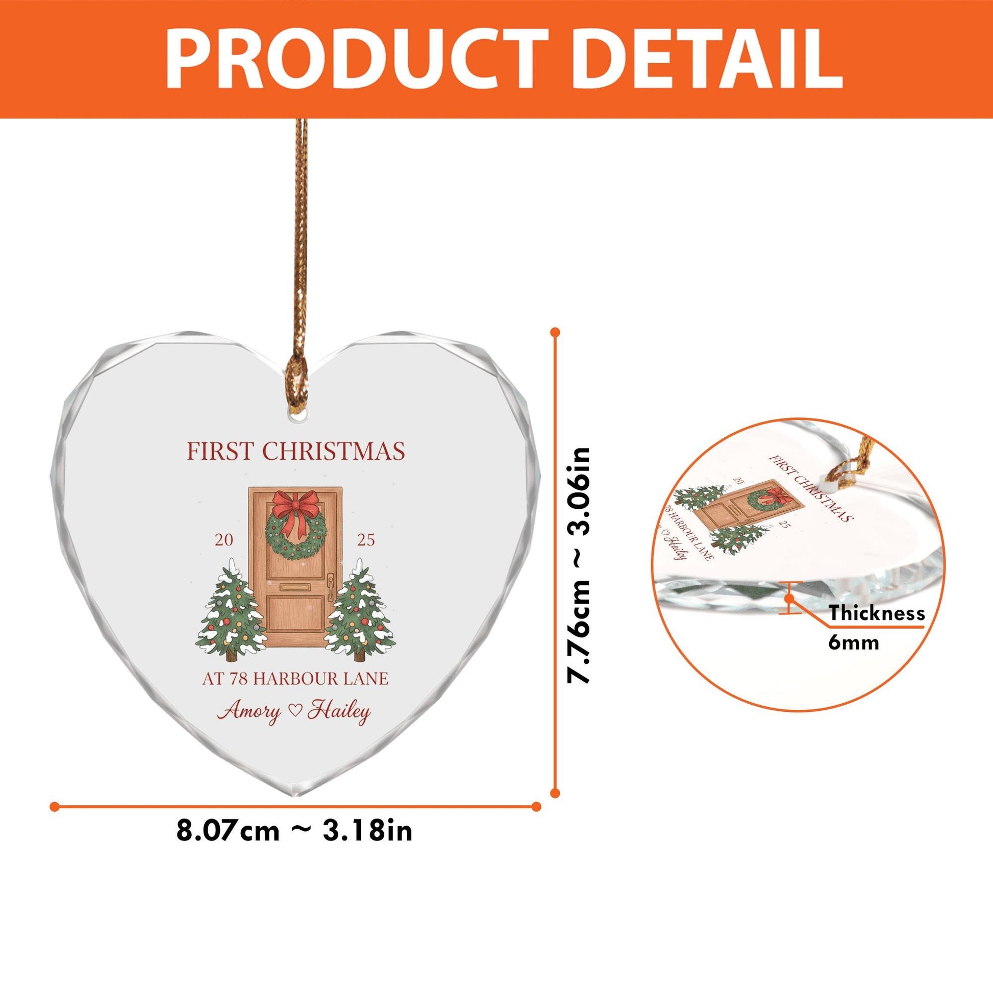 Personalized Glass Ornament – Heart Shaped First Christmas Decoration with Custom Address and Names