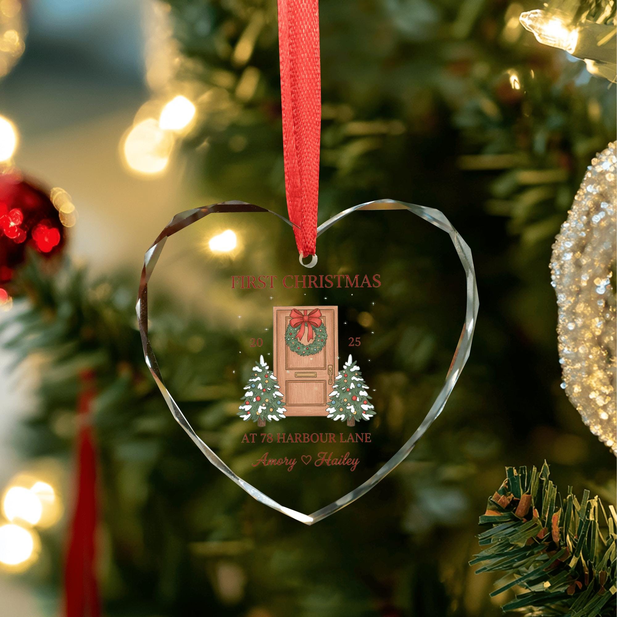 Personalized Glass Ornament – Heart Shaped First Christmas Decoration with Custom Address and Names