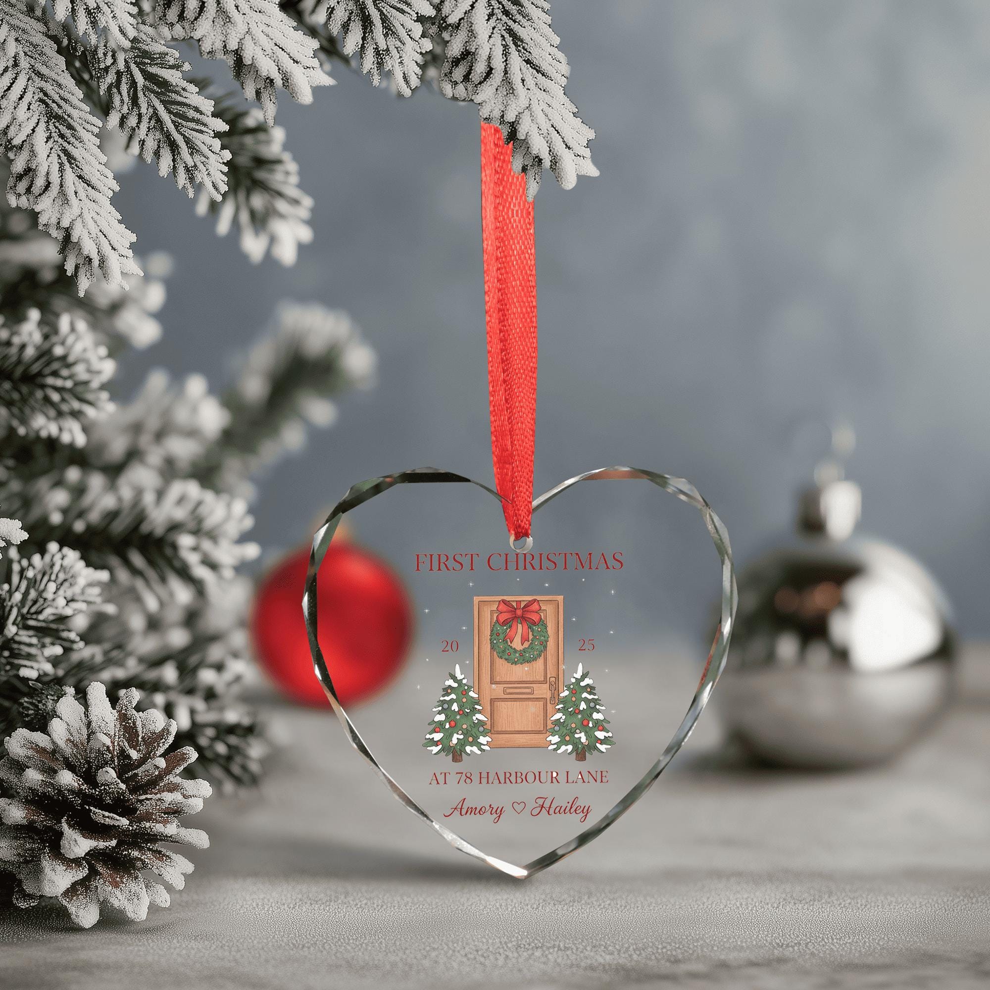 Personalized Glass Ornament – Heart Shaped First Christmas Decoration with Custom Address and Names