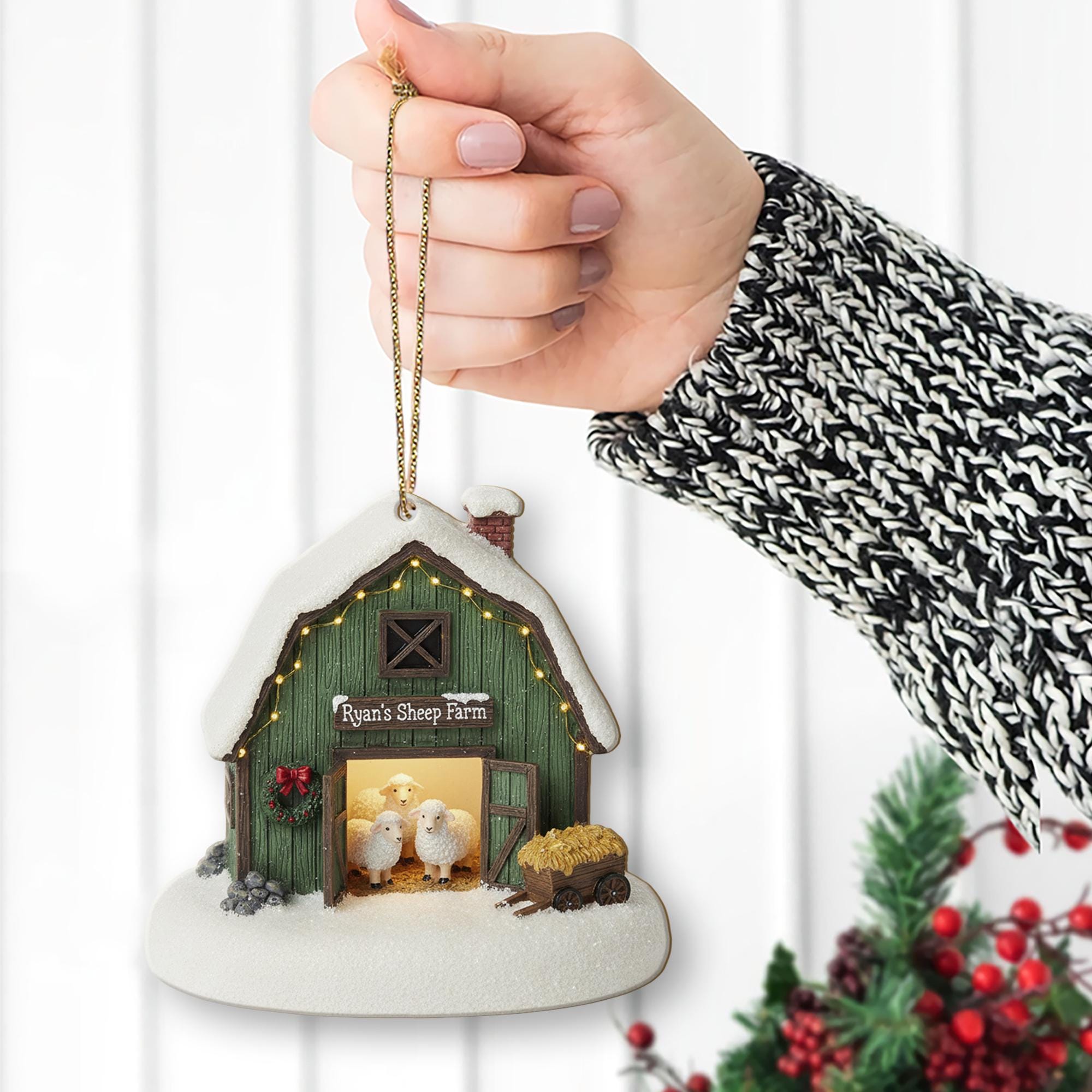 Personalized Sheep Farm Christmas Ornament – Rustic Barn Holiday Decor
