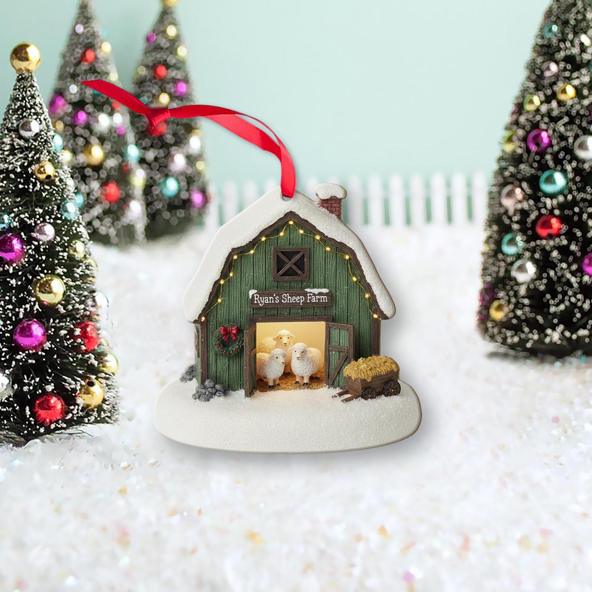 Personalized Sheep Farm Christmas Ornament – Rustic Barn Holiday Decor