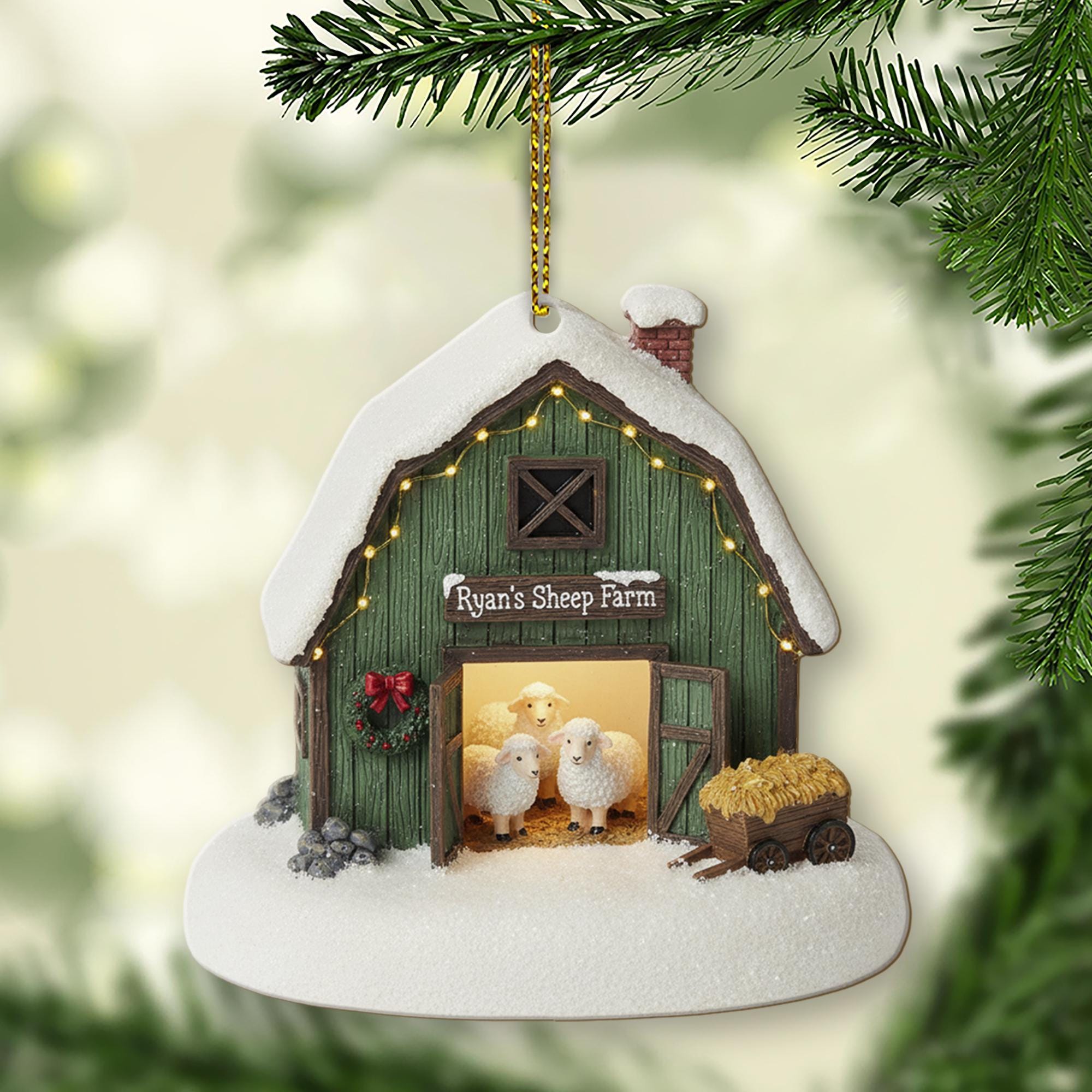 Personalized Sheep Farm Christmas Ornament – Rustic Barn Holiday Decor