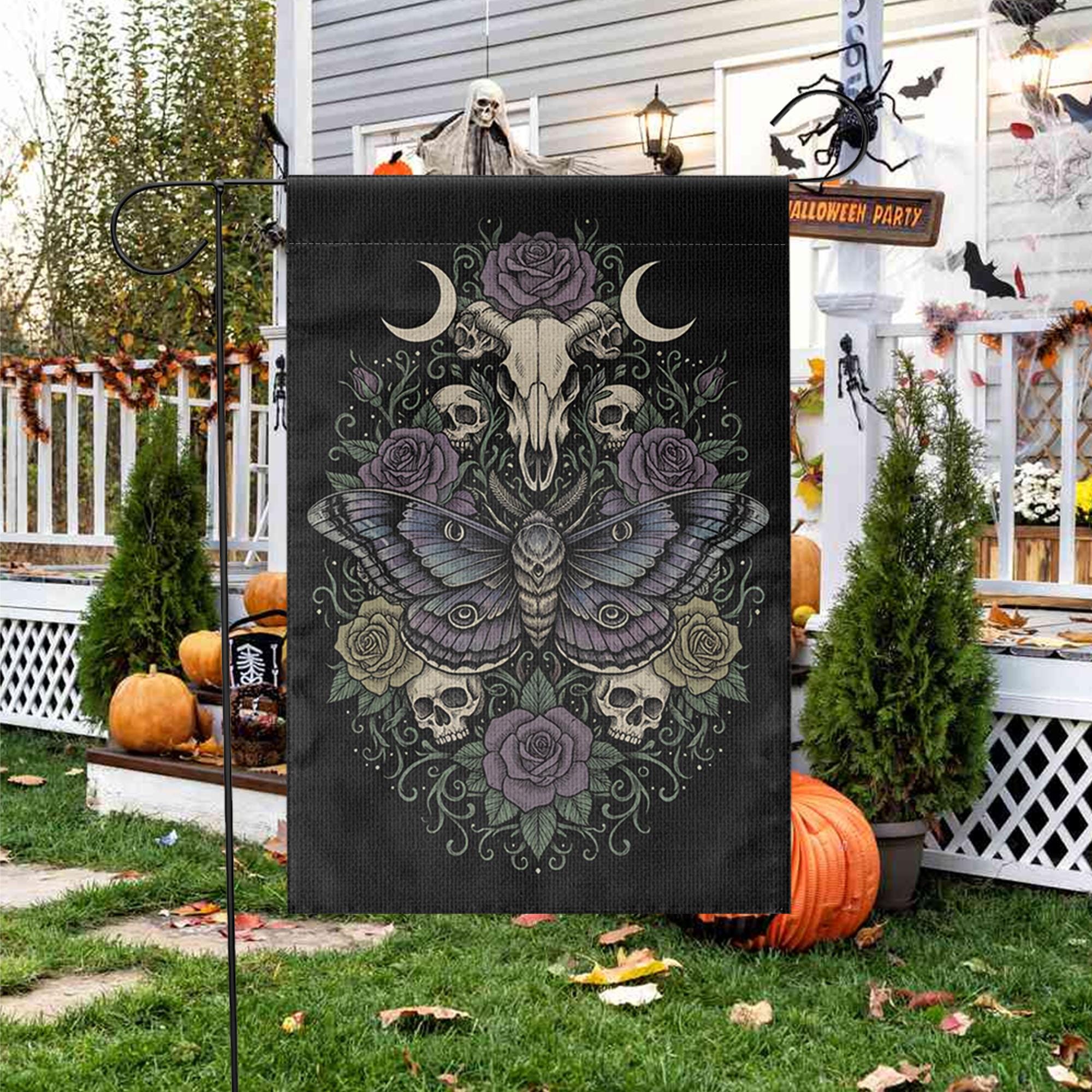 Skull Moth Garden Flag: Gothic Witchy Outdoor Decor