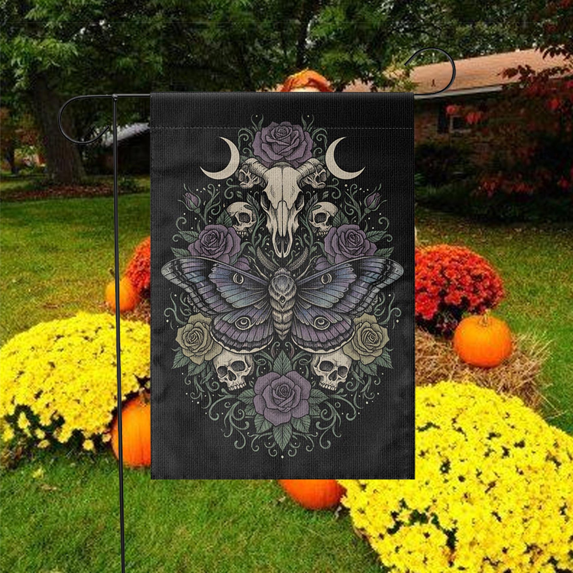 Skull Moth Garden Flag: Gothic Witchy Outdoor Decor