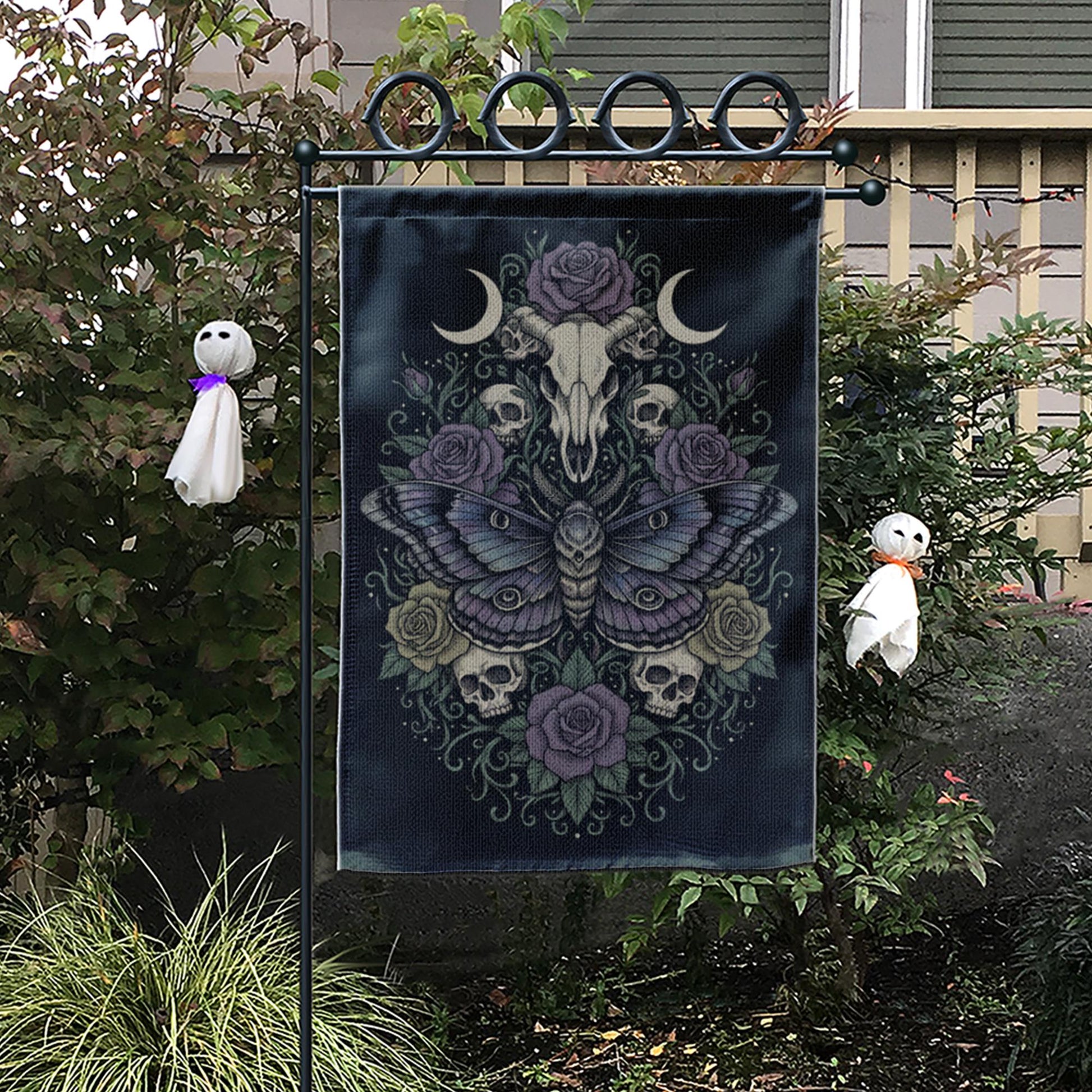 Skull Moth Garden Flag: Gothic Witchy Outdoor Decor