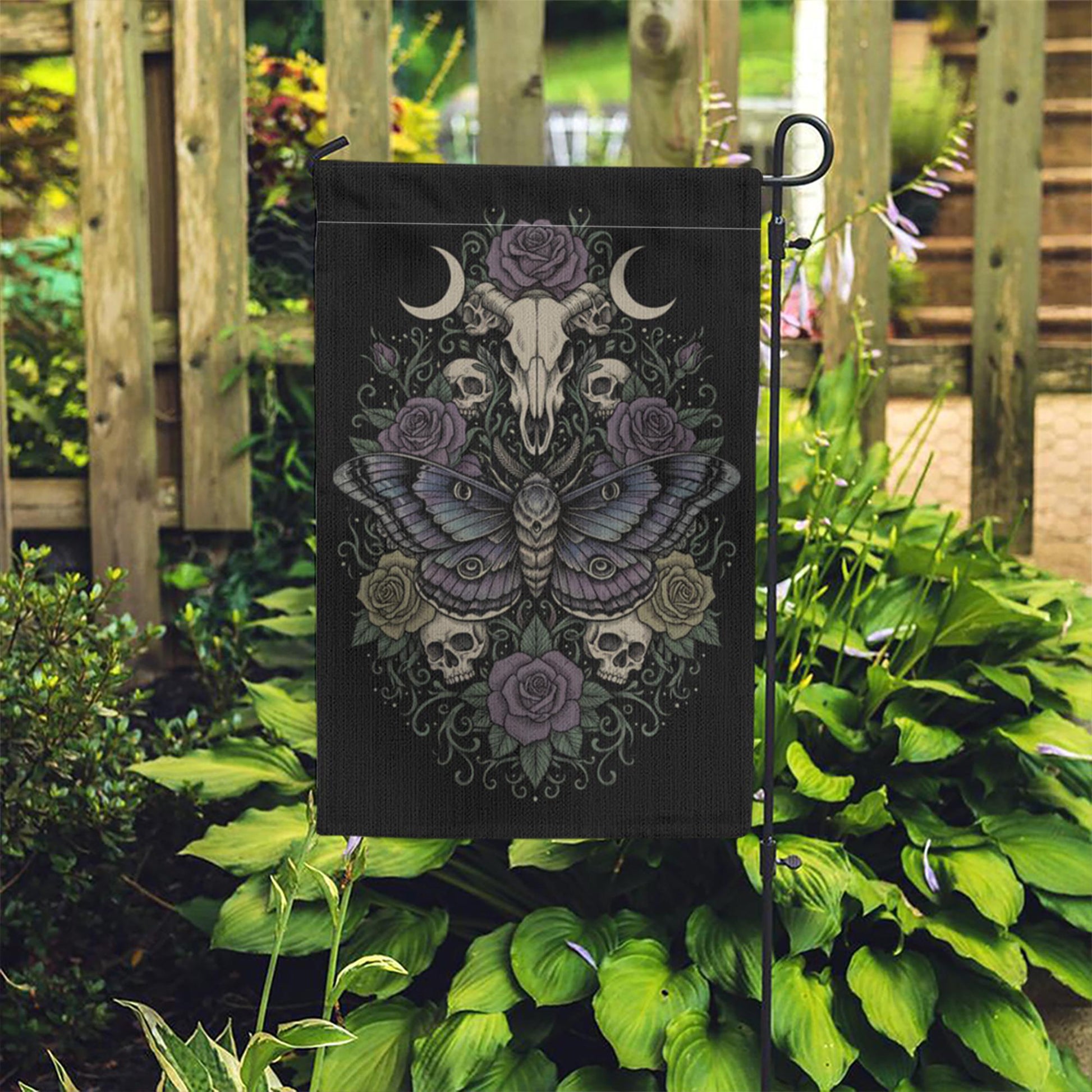 Skull Moth Garden Flag: Gothic Witchy Outdoor Decor