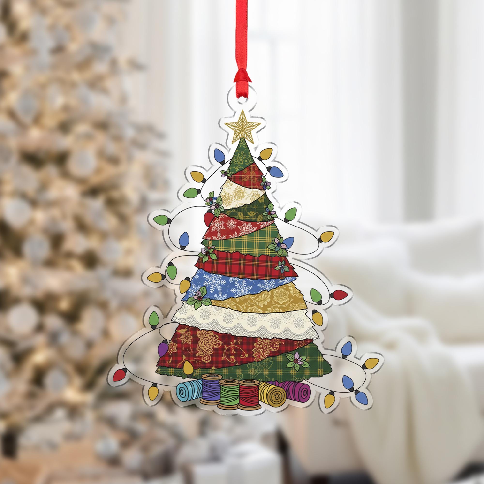 Patchwork Christmas Tree Ornament – Sewing Theme Holiday Decoration – Quilter Gift with Fabric Style