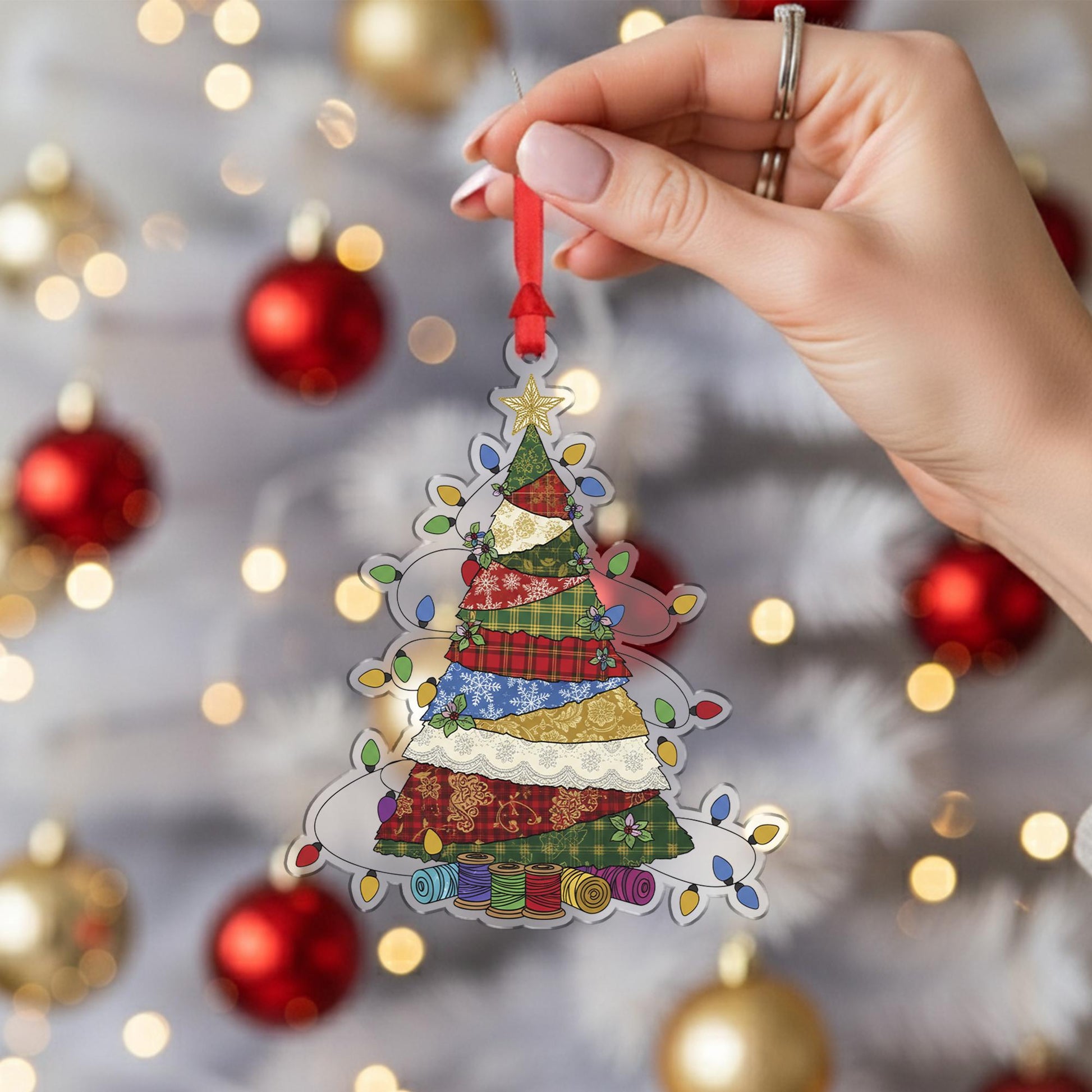 Patchwork Christmas Tree Ornament – Sewing Theme Holiday Decoration – Quilter Gift with Fabric Style